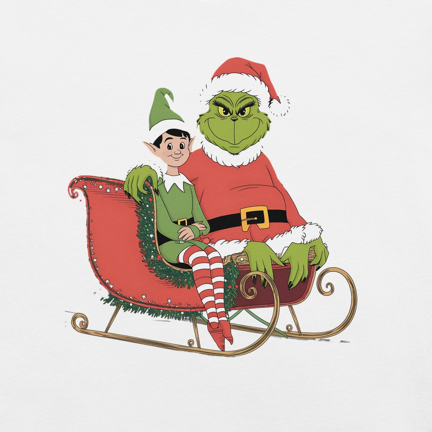 Women’s Holiday T-Shirt – Grumpy Grinch and Playful Elf on Sleigh - Sublimegifts4u.com