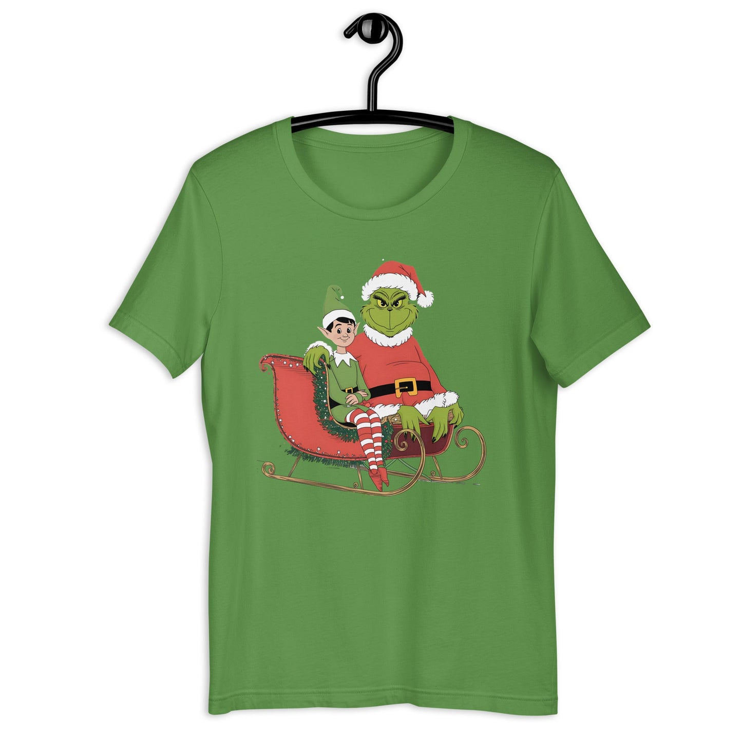 Women’s Holiday T-Shirt – Grumpy Grinch and Playful Elf on Sleigh - Sublimegifts4u.com