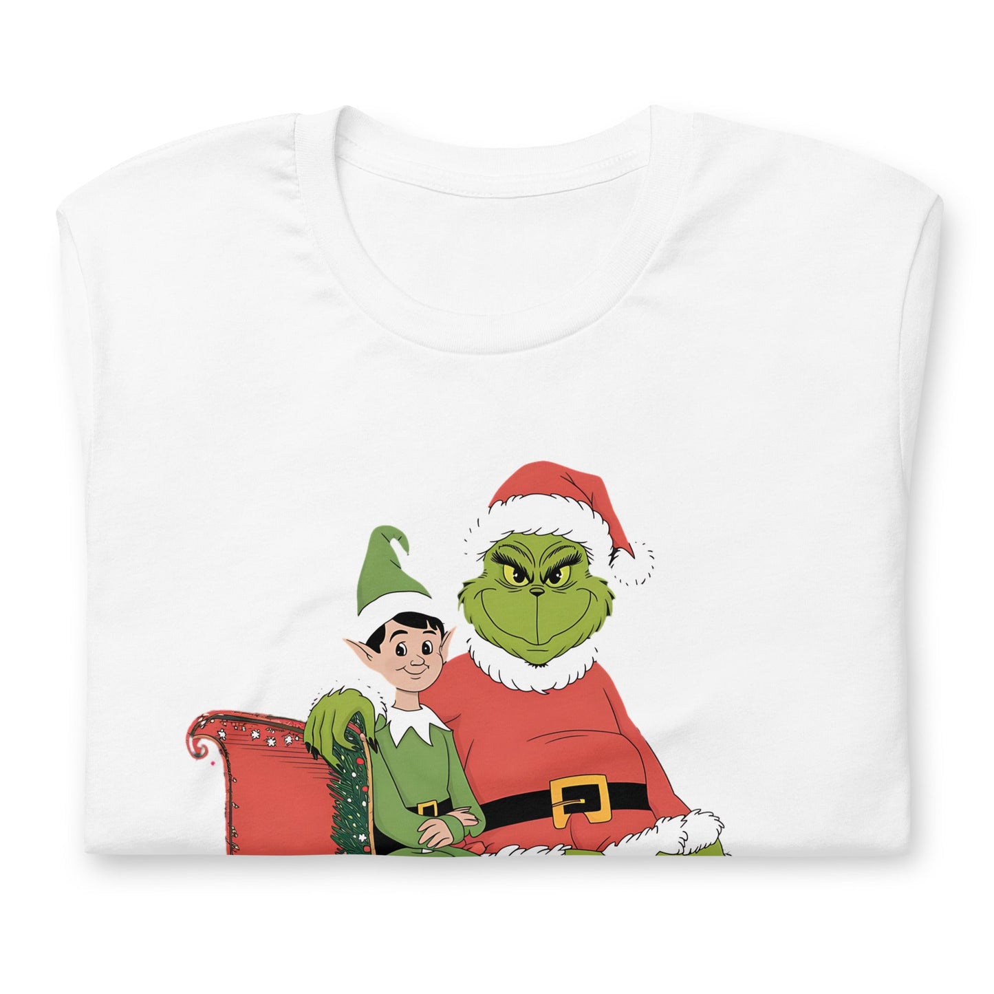 Women’s Holiday T-Shirt – Grumpy Grinch and Playful Elf on Sleigh - Sublimegifts4u.com