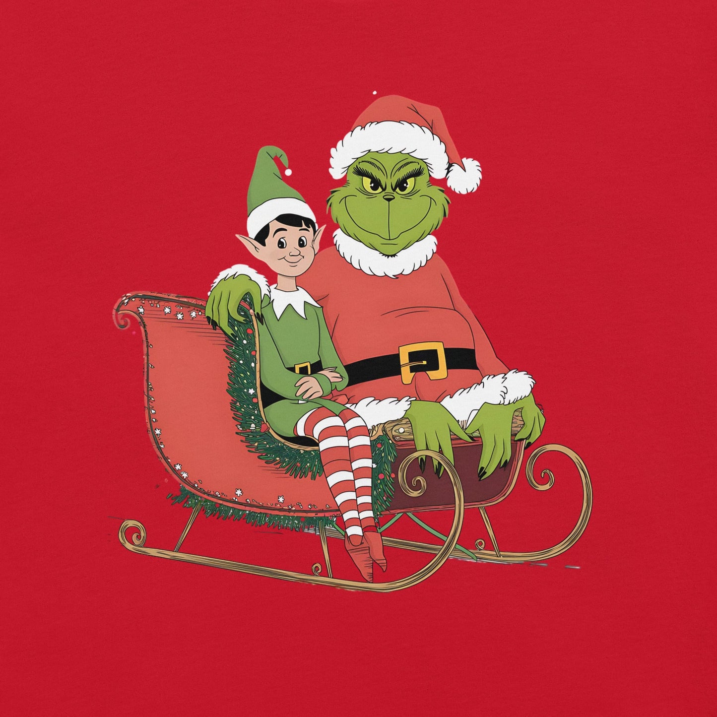 Women’s Holiday T-Shirt – Grumpy Grinch and Playful Elf on Sleigh - Sublimegifts4u.com