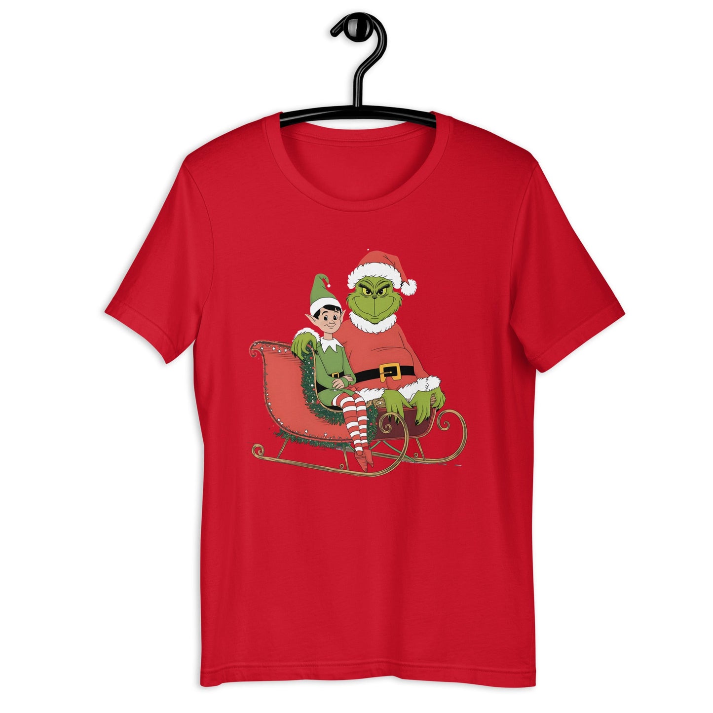 Women’s Holiday T-Shirt – Grumpy Grinch and Playful Elf on Sleigh - Sublimegifts4u.com