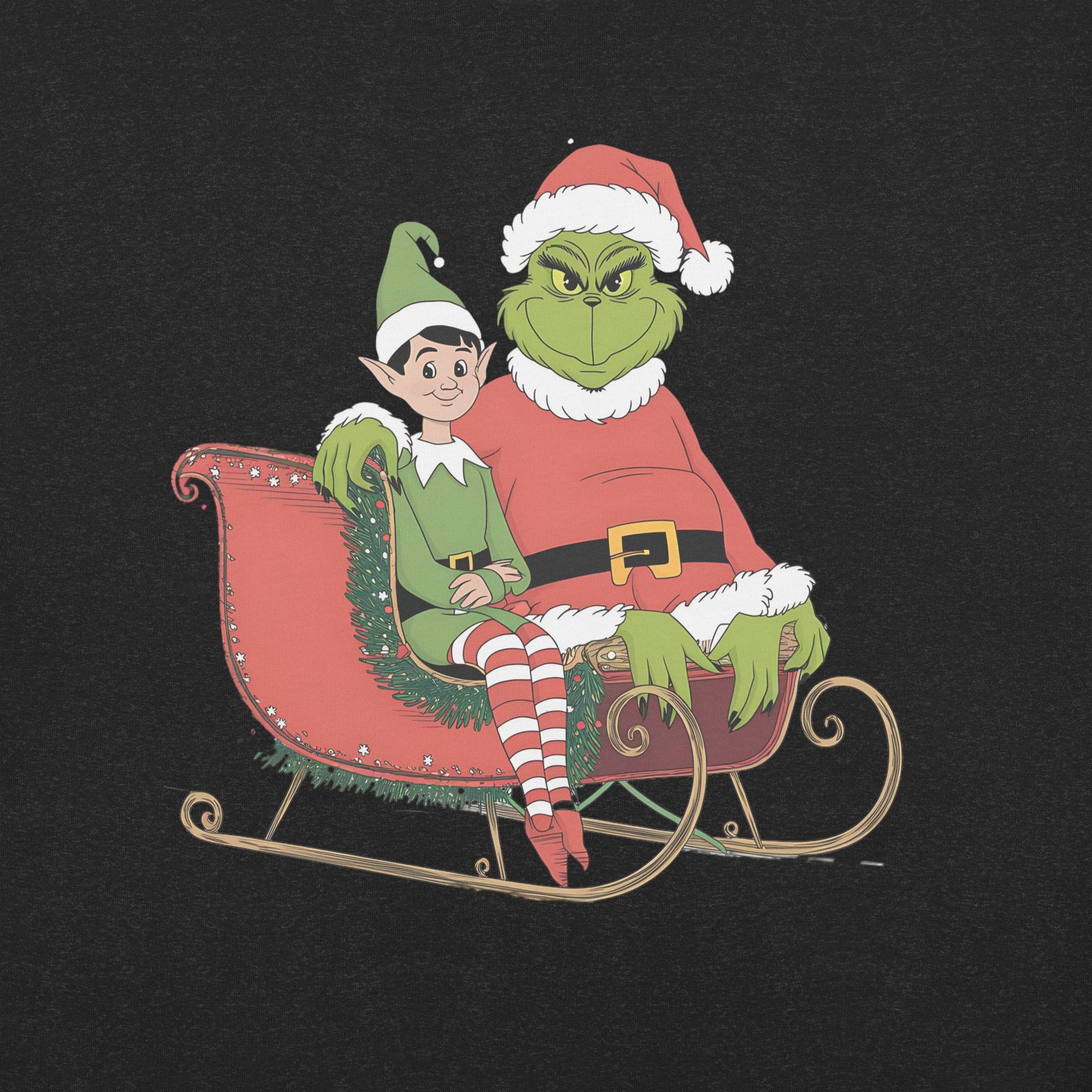 Women’s Holiday T-Shirt – Grumpy Grinch and Playful Elf on Sleigh - Sublimegifts4u.com