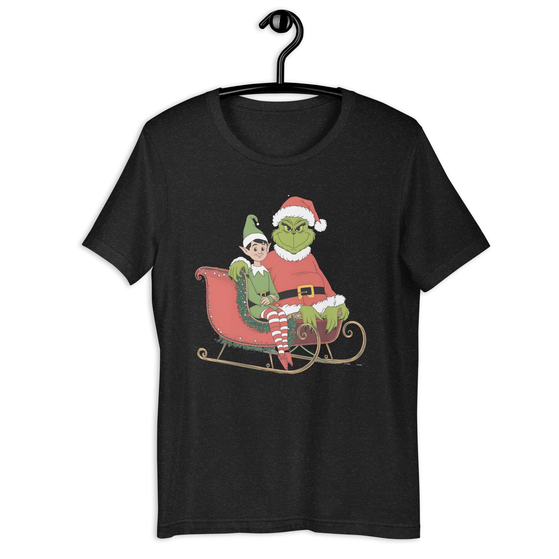 Women’s Holiday T-Shirt – Grumpy Grinch and Playful Elf on Sleigh - Sublimegifts4u.com