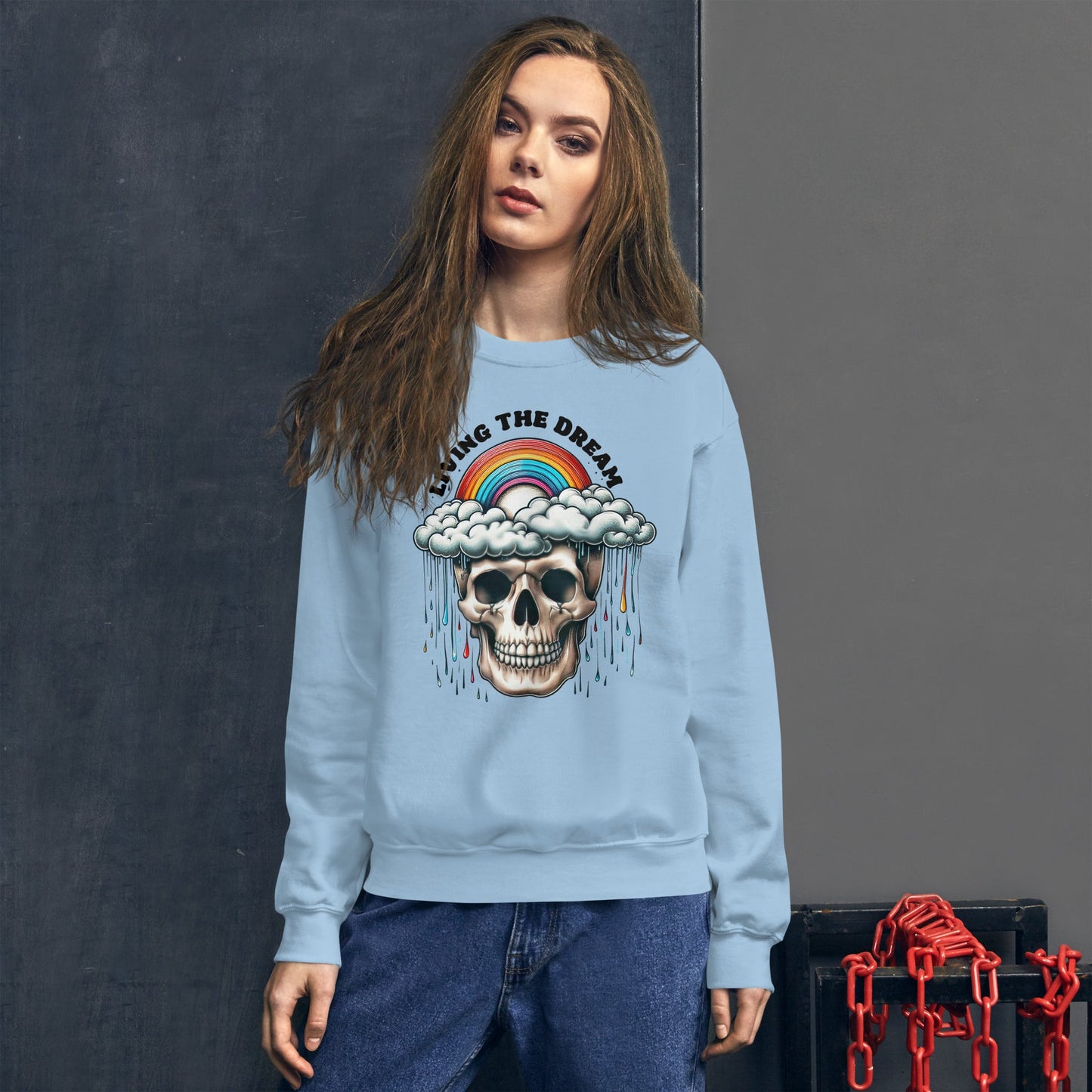 Women’s Skull & Rainbow Sweatshirt | ‘Living the Dream’ | Cozy & Classic Fit - Sublimegifts4u.com