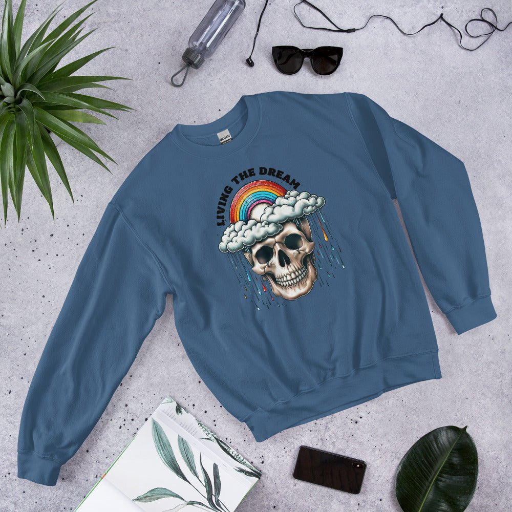 Women’s Skull & Rainbow Sweatshirt | ‘Living the Dream’ | Cozy & Classic Fit - Sublimegifts4u.com