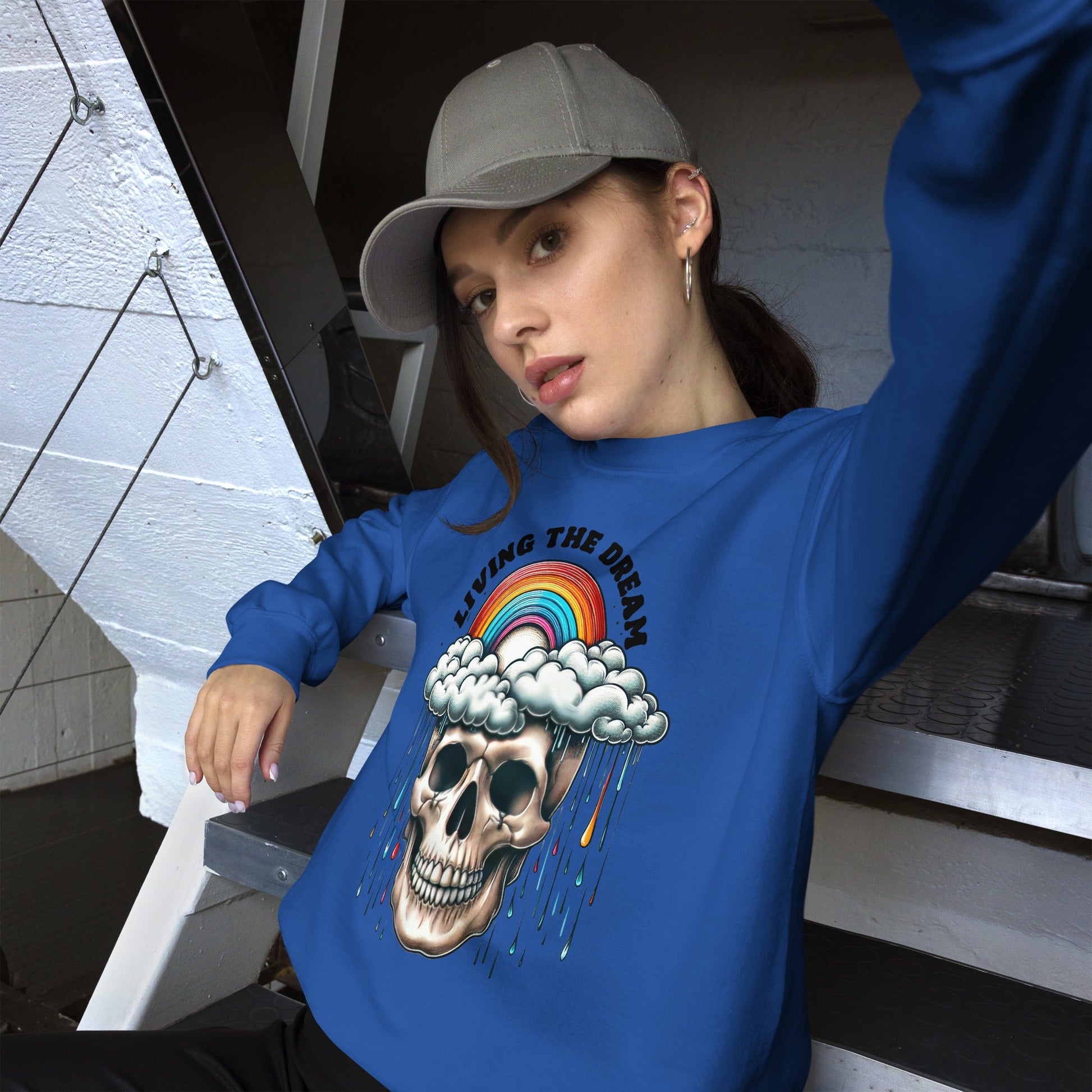 Women’s Skull & Rainbow Sweatshirt | ‘Living the Dream’ | Cozy & Classic Fit - Sublimegifts4u.com