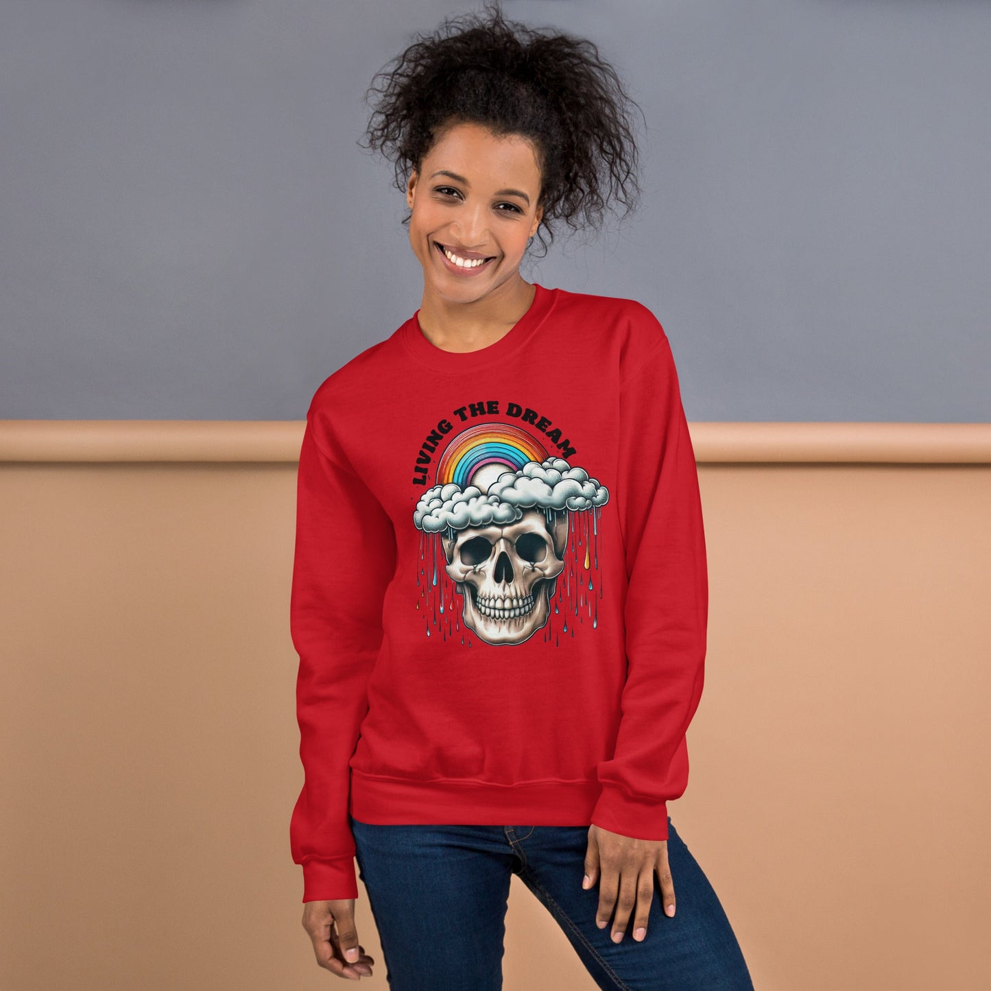 Women’s Skull & Rainbow Sweatshirt | ‘Living the Dream’ | Cozy & Classic Fit - Sublimegifts4u.com