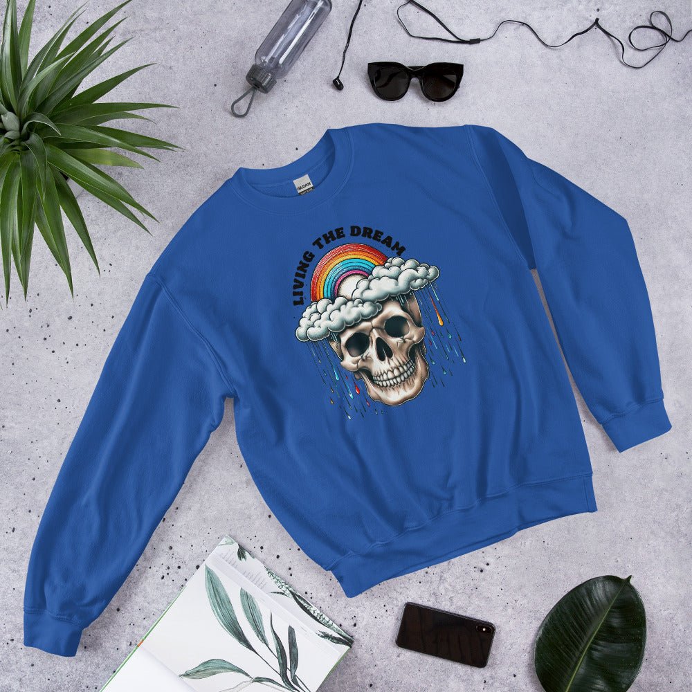 Women’s Skull & Rainbow Sweatshirt | ‘Living the Dream’ | Cozy & Classic Fit - Sublimegifts4u.com