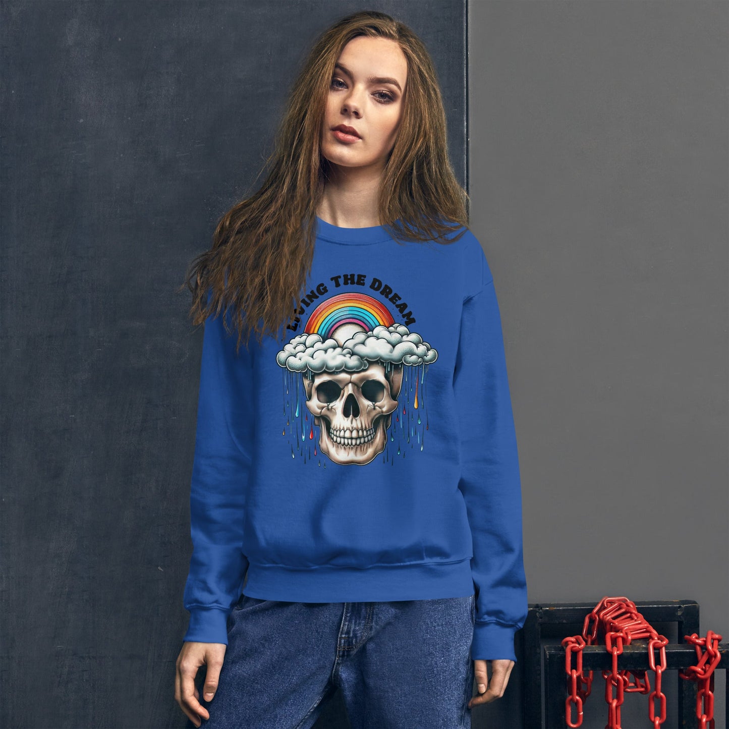 Women’s Skull & Rainbow Sweatshirt | ‘Living the Dream’ | Cozy & Classic Fit - Sublimegifts4u.com