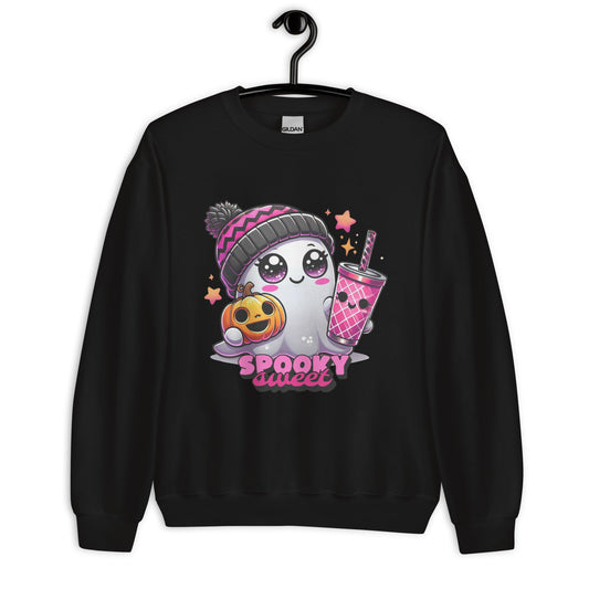 Women’s "Spooky Sweet" Gothic Ghost Sweatshirt with Hot Pink Hat - Cozy Halloween Sweater - Sublimegifts4u.com