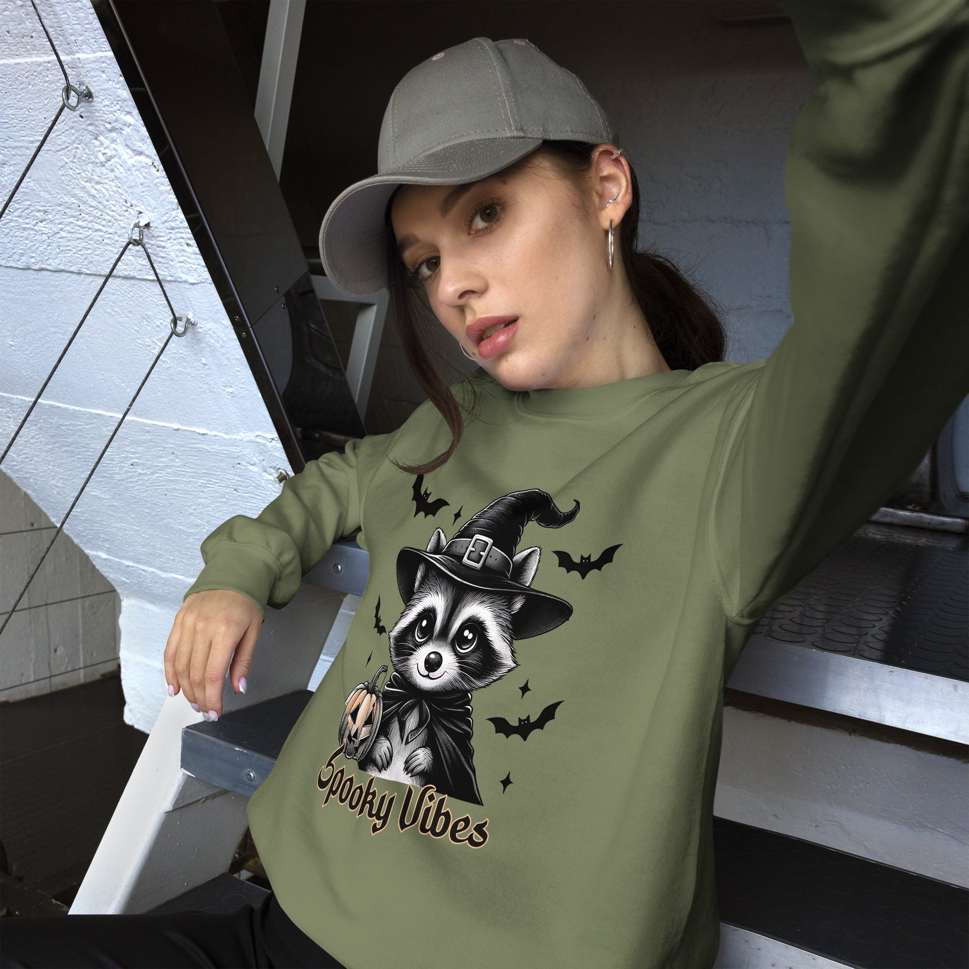 Womens 'Spooky Vibes' Halloween Raccoon Sweatshirt - Cozy & Cute for Fall - Sublimegifts4u.com