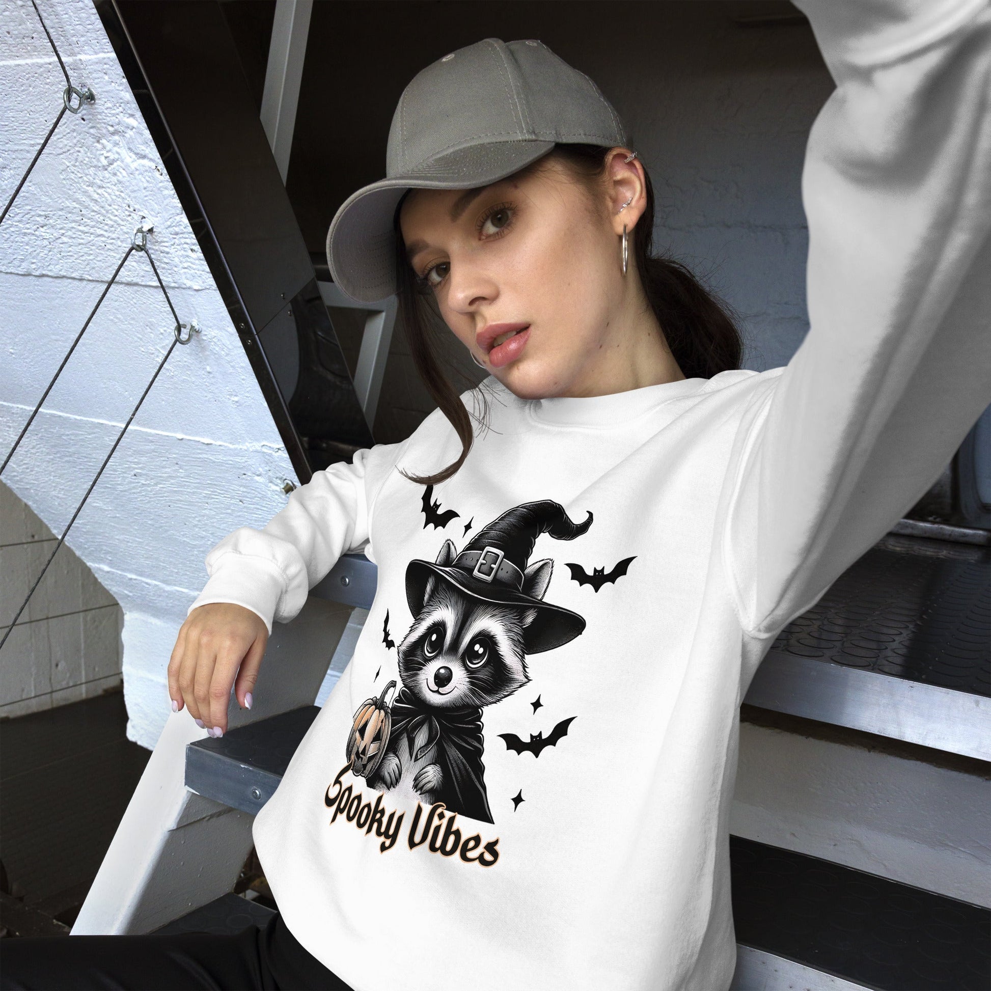 Womens 'Spooky Vibes' Halloween Raccoon Sweatshirt - Cozy & Cute for Fall - Sublimegifts4u.com