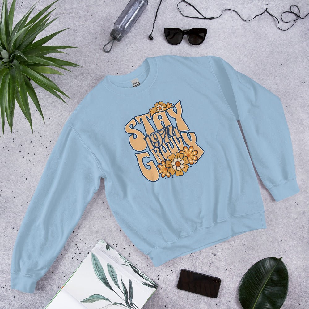 Women's Sweatshirt with 'Stay Groovy 1974' Hippie Floral Design - Warm & Cozy - Sublimegifts4u.com