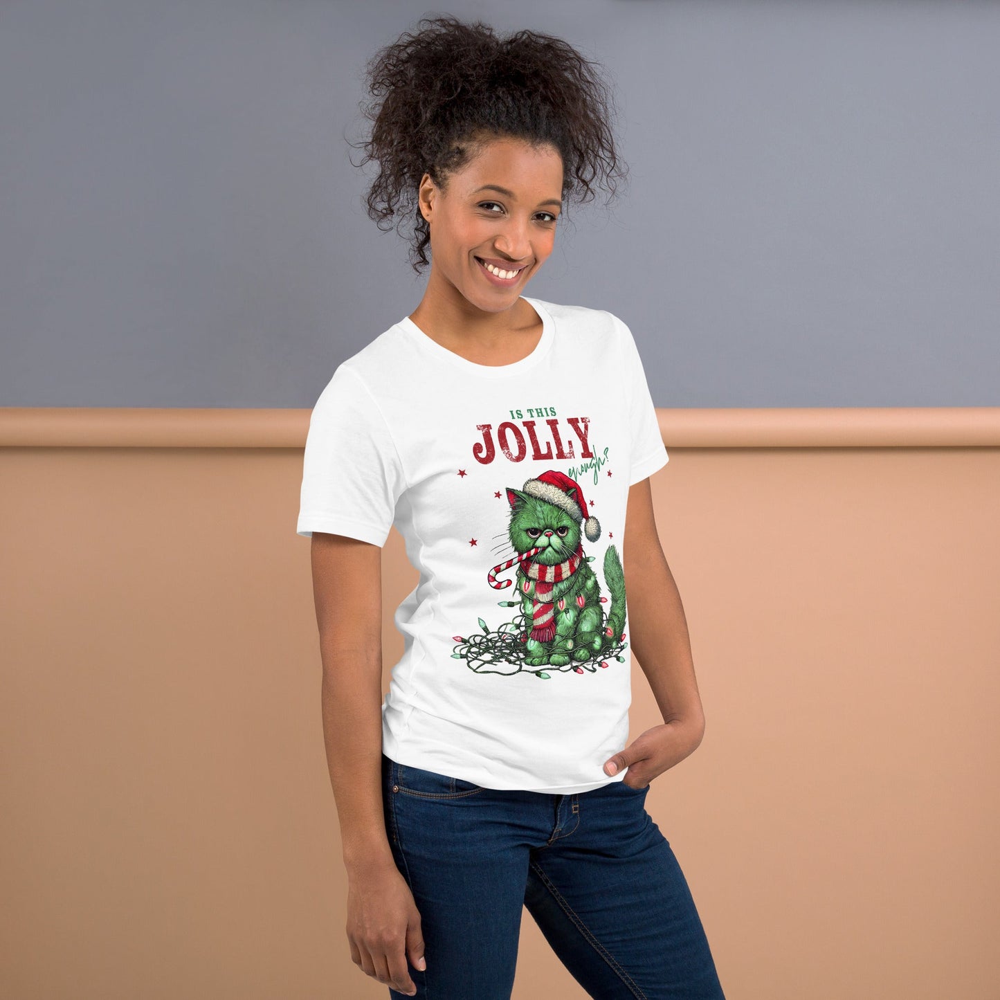 Women’s T-Shirt – "Is This Jolly Enough?" Grumpy Christmas Cat Tee - Sublimegifts4u.com