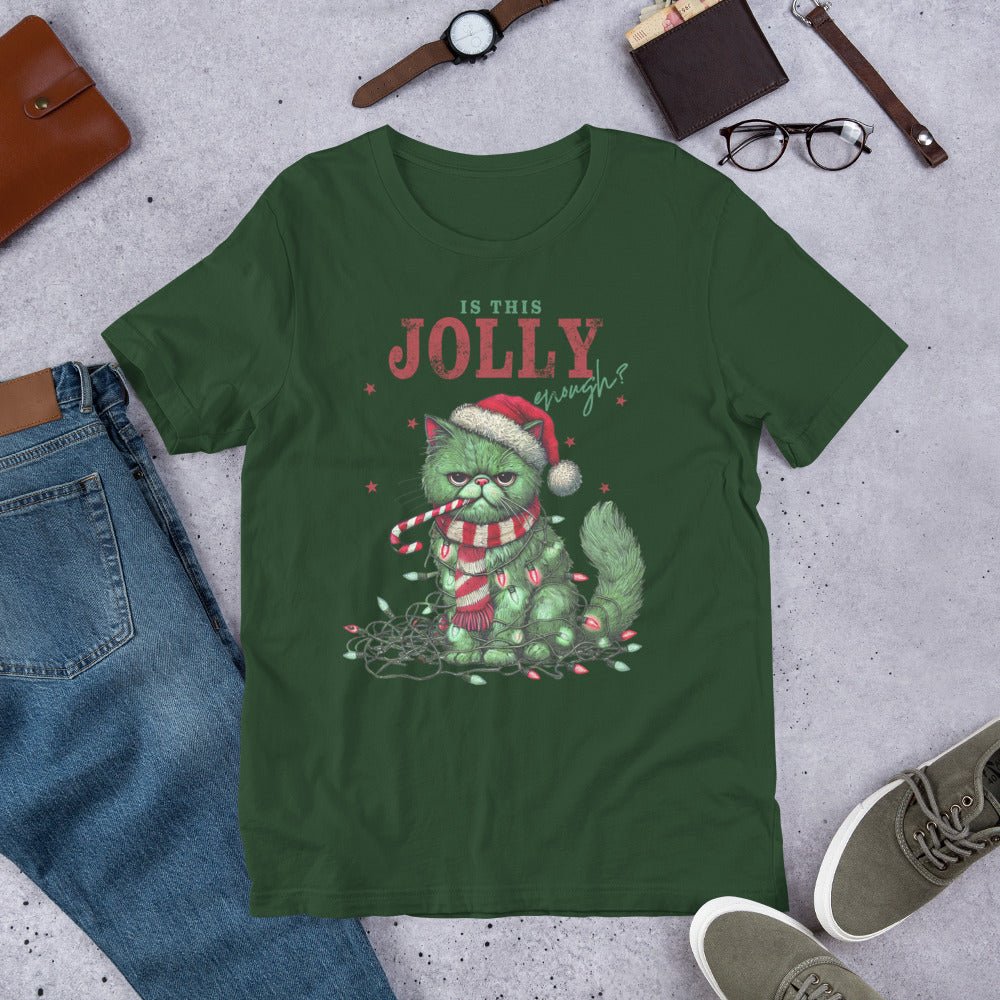 Women’s T-Shirt – "Is This Jolly Enough?" Grumpy Christmas Cat Tee - Sublimegifts4u.com