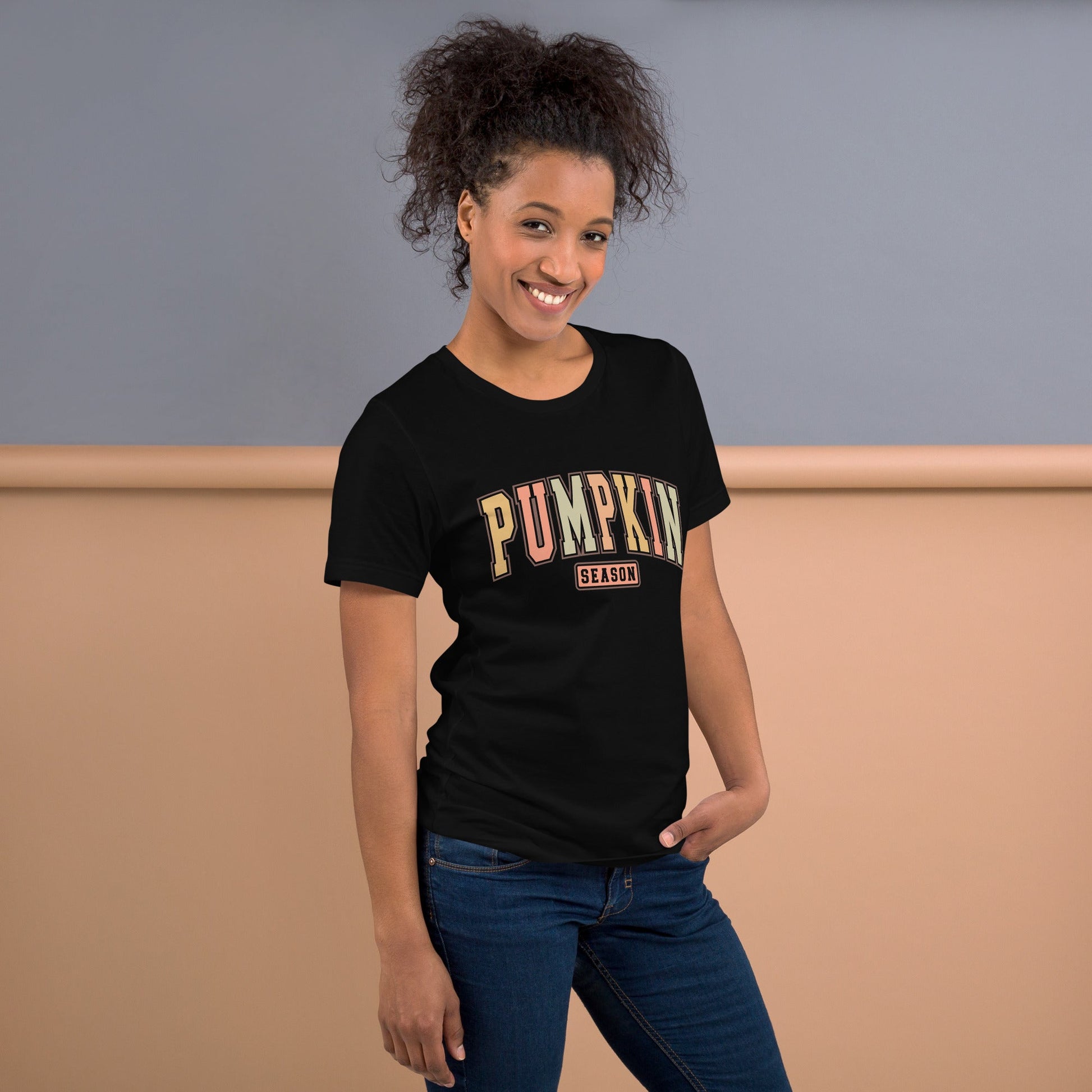 Womens T-Shirt: 'Pumpkin Season' University Font – Fall Colors & Soft Cotton Fit - Sublimegifts4u.com