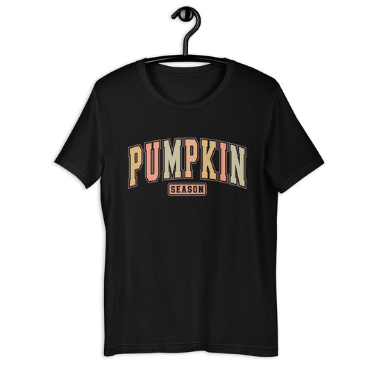 Womens T-Shirt: 'Pumpkin Season' University Font – Fall Colors & Soft Cotton Fit - Sublimegifts4u.com