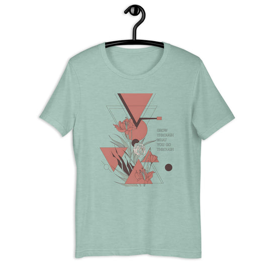 Women's T-Shirt with Geometric Florals and "Grow Through What You Go Through" Quote - Soft and Stylish - Sublimegifts4u.com