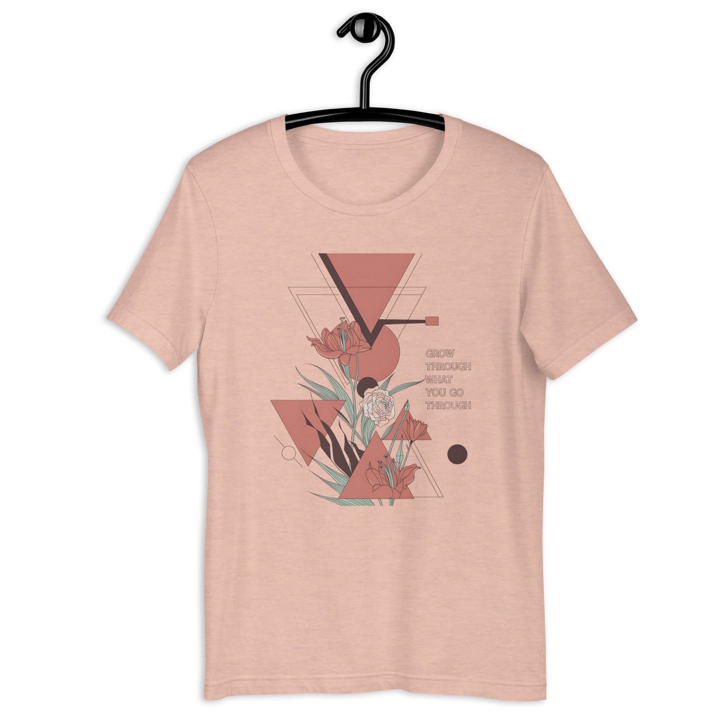 Women's T-Shirt with Geometric Florals and "Grow Through What You Go Through" Quote - Soft and Stylish - Sublimegifts4u.com