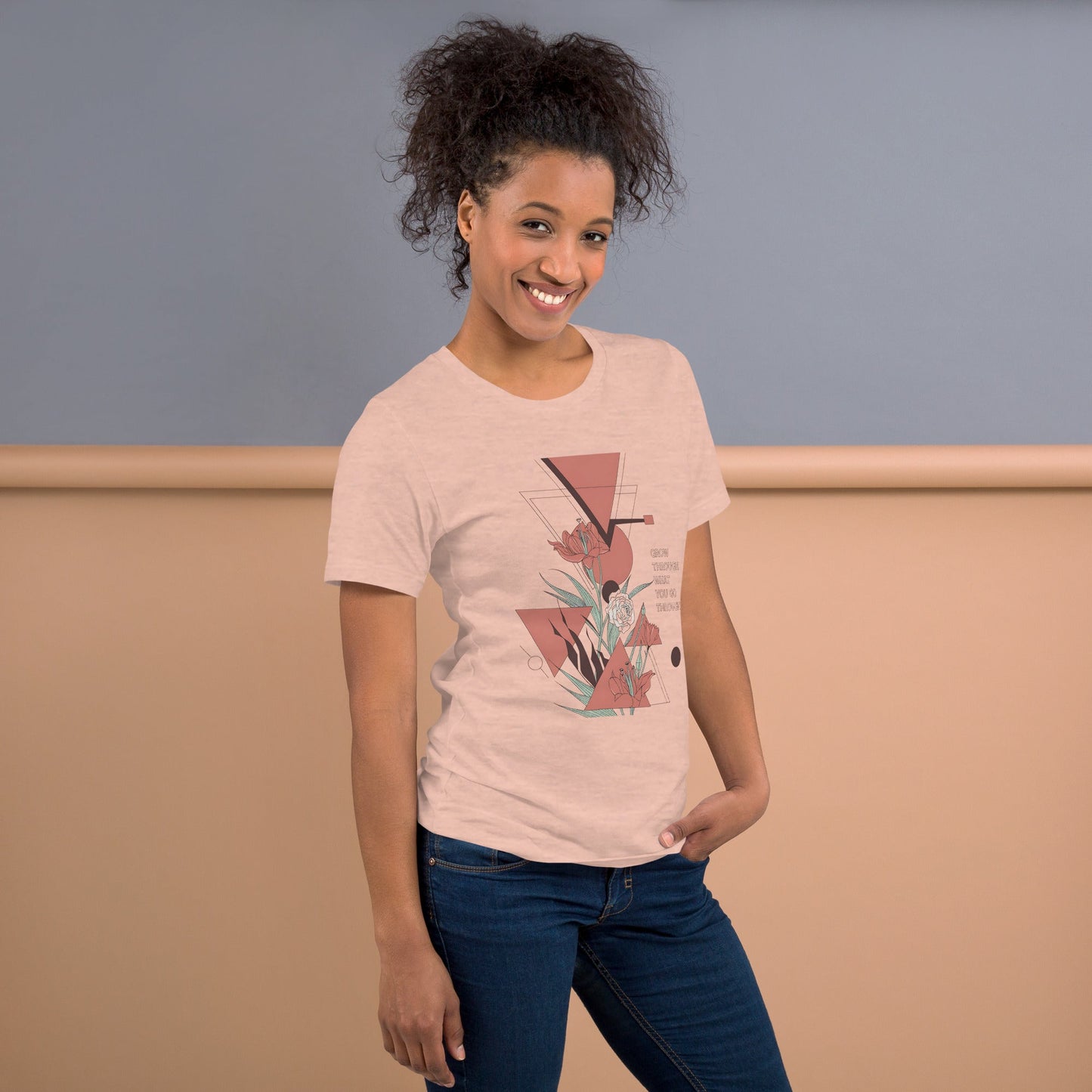 Women's T-Shirt with Geometric Florals and "Grow Through What You Go Through" Quote - Soft and Stylish - Sublimegifts4u.com