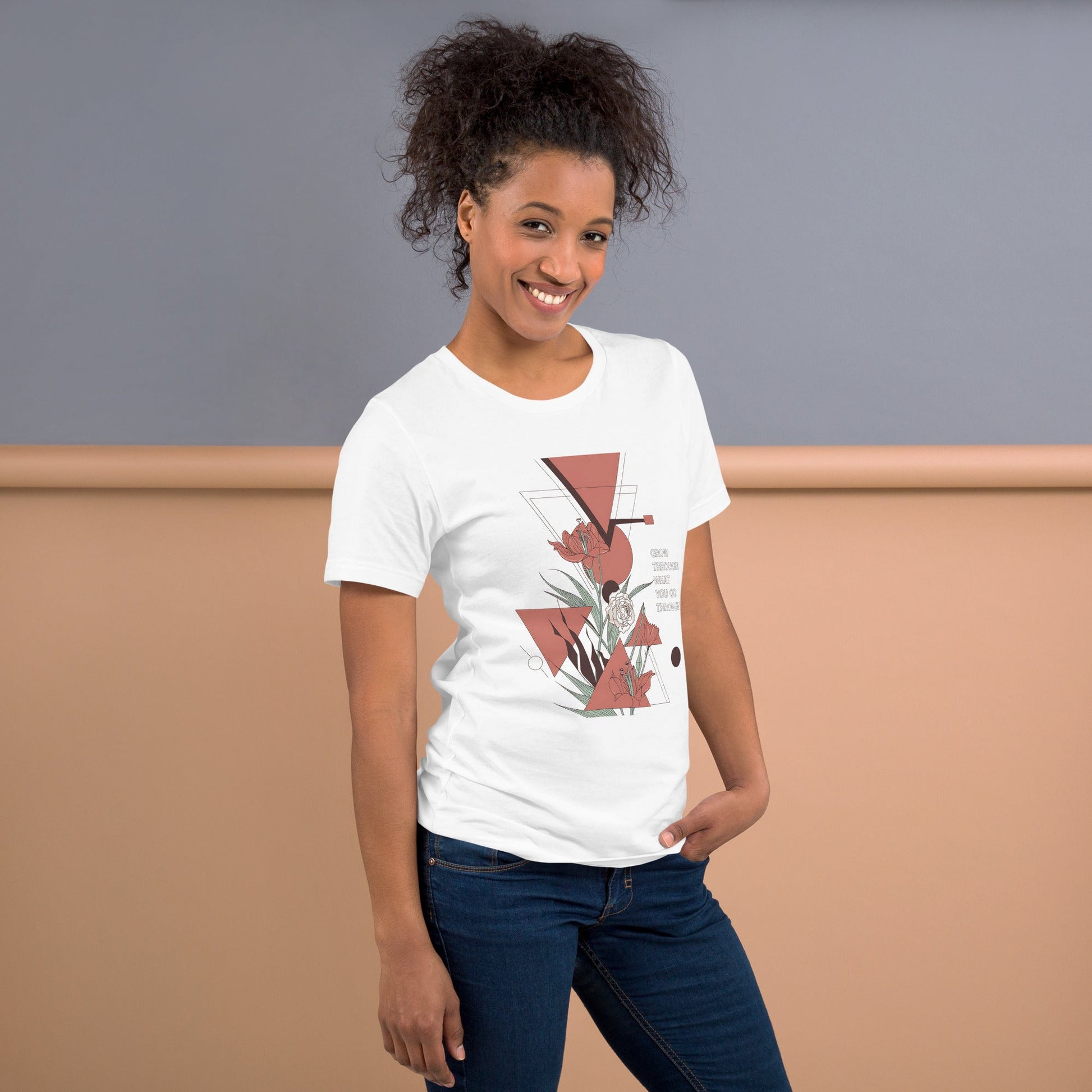 Women's T-Shirt with Geometric Florals and "Grow Through What You Go Through" Quote - Soft and Stylish - Sublimegifts4u.com