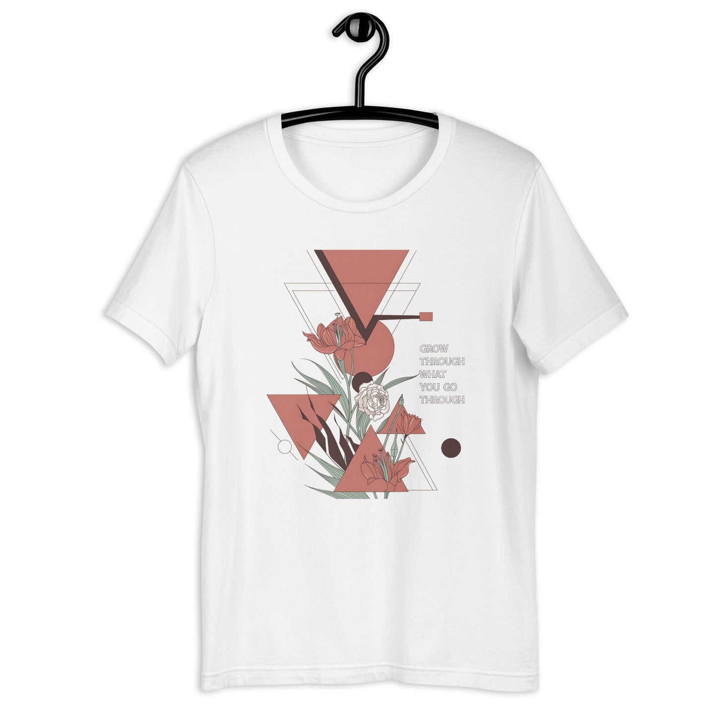 Women's T-Shirt with Geometric Florals and "Grow Through What You Go Through" Quote - Soft and Stylish - Sublimegifts4u.com