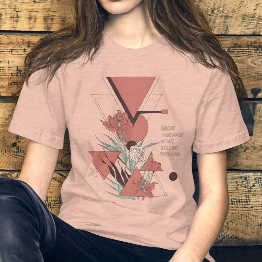 Women's T-Shirt with Geometric Florals and "Grow Through What You Go Through" Quote - Soft and Stylish - Sublimegifts4u.com