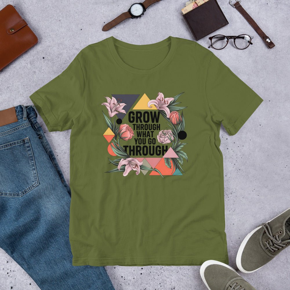 Women's T-Shirt with Modern Geometric Floral Design "Grow Through What You Go Through" - Sublimegifts4u.com