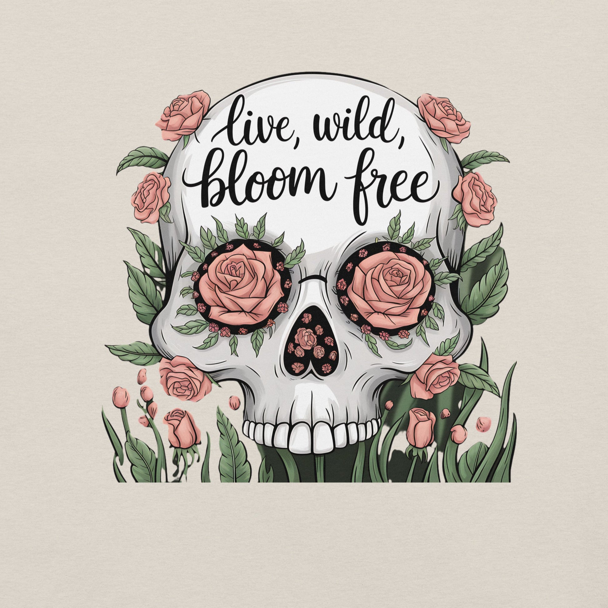 Women's T-Shirt with Skull and Roses "Live Wild, Bloom Free" Design - Soft and Lightweight - Sublimegifts4u.com