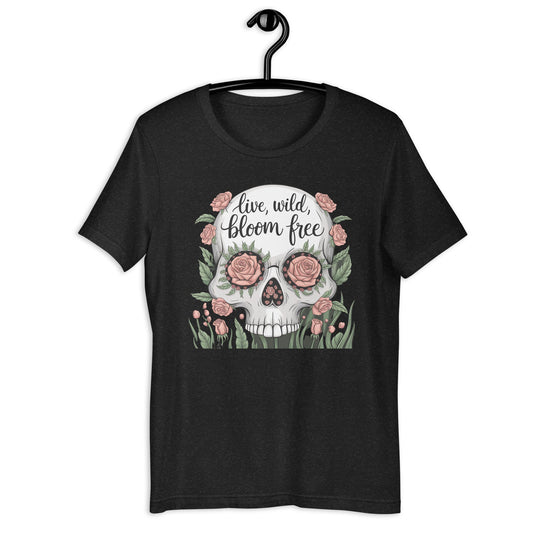 Women's T-Shirt with Skull and Roses "Live Wild, Bloom Free" Design - Soft and Lightweight - Sublimegifts4u.com