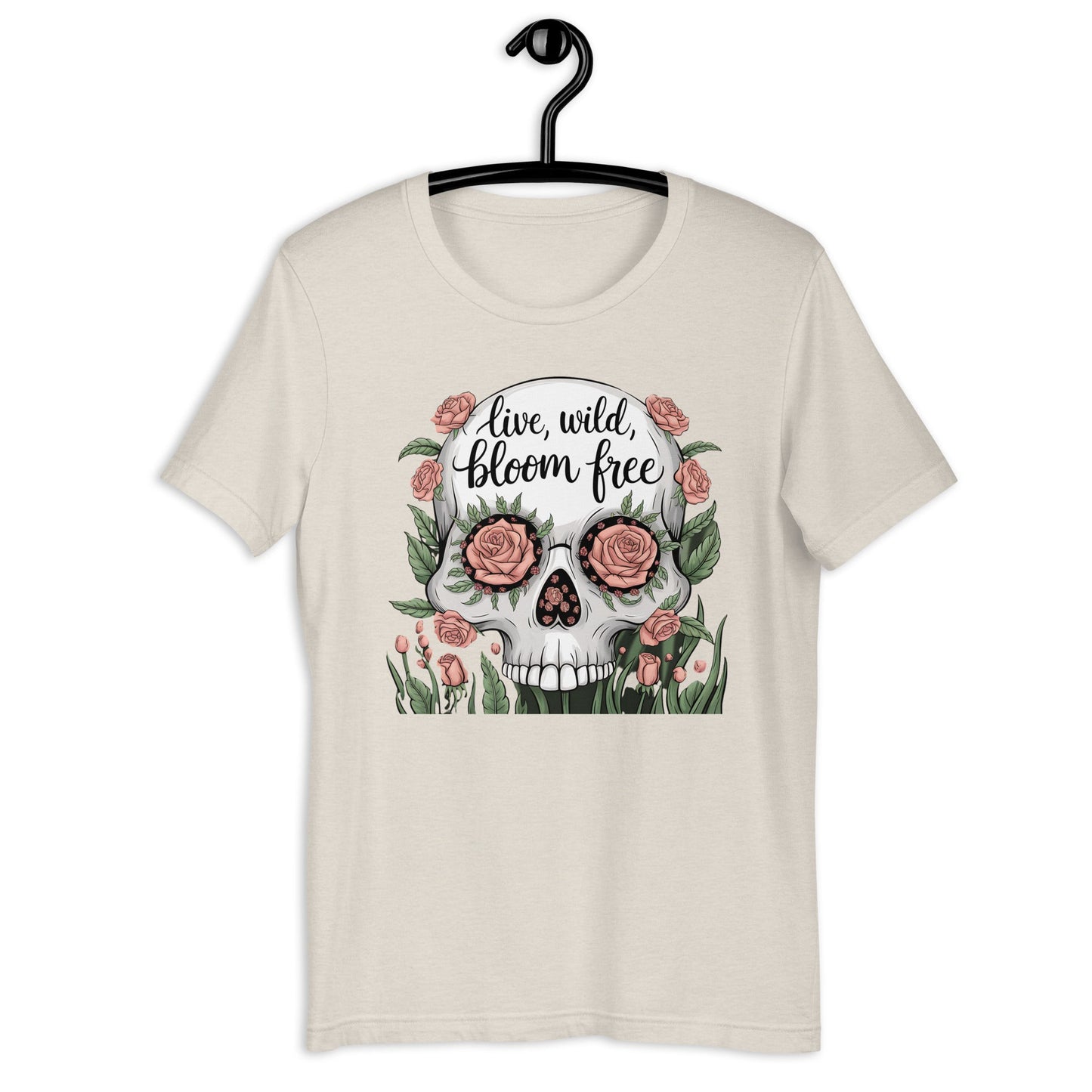 Women's T-Shirt with Skull and Roses "Live Wild, Bloom Free" Design - Soft and Lightweight - Sublimegifts4u.com