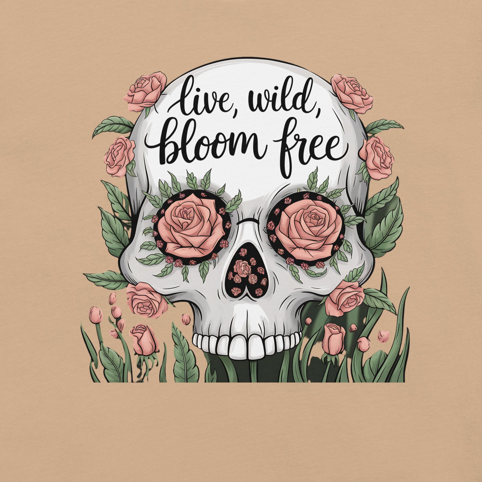 Women's T-Shirt with Skull and Roses "Live Wild, Bloom Free" Design - Soft and Lightweight - Sublimegifts4u.com