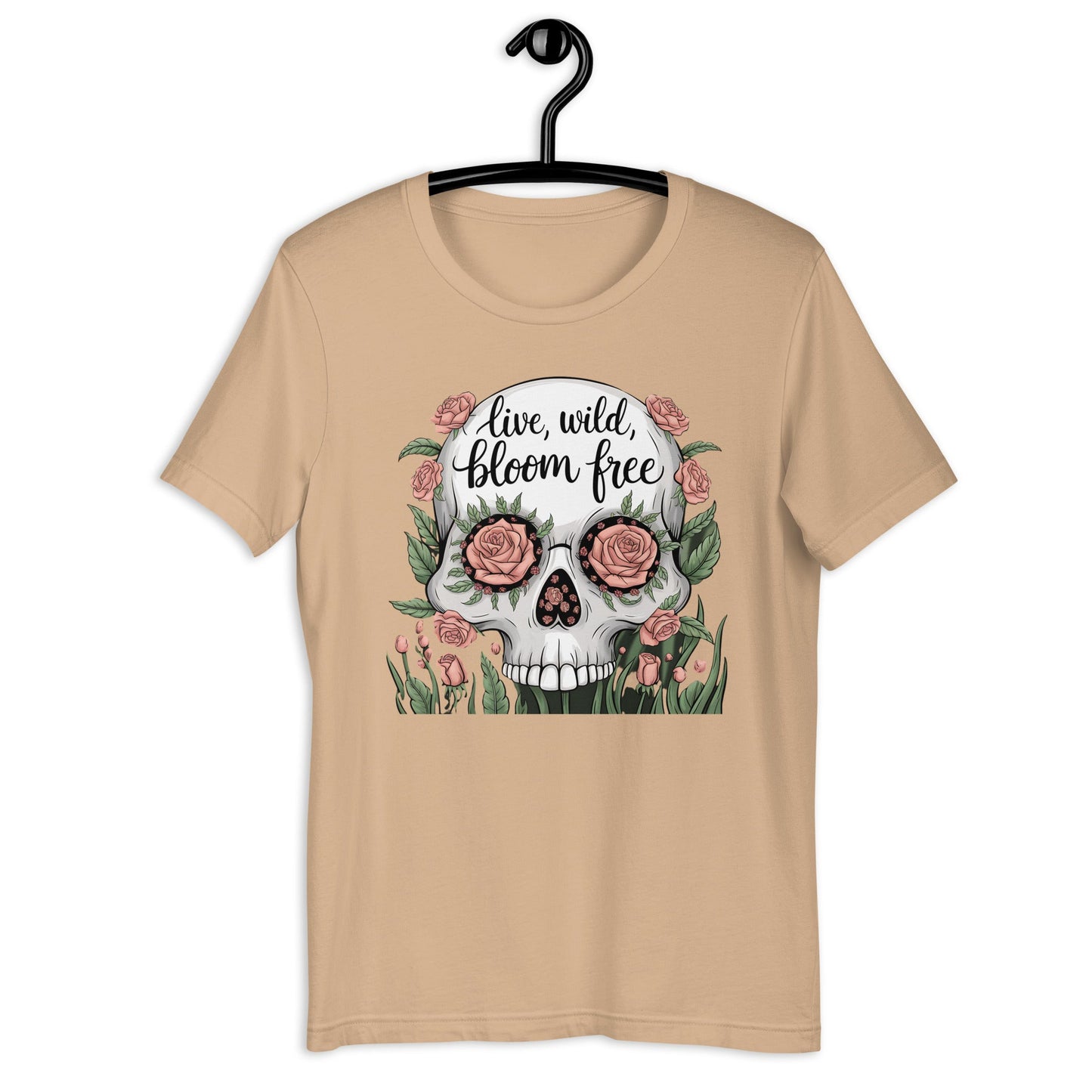 Women's T-Shirt with Skull and Roses "Live Wild, Bloom Free" Design - Soft and Lightweight - Sublimegifts4u.com