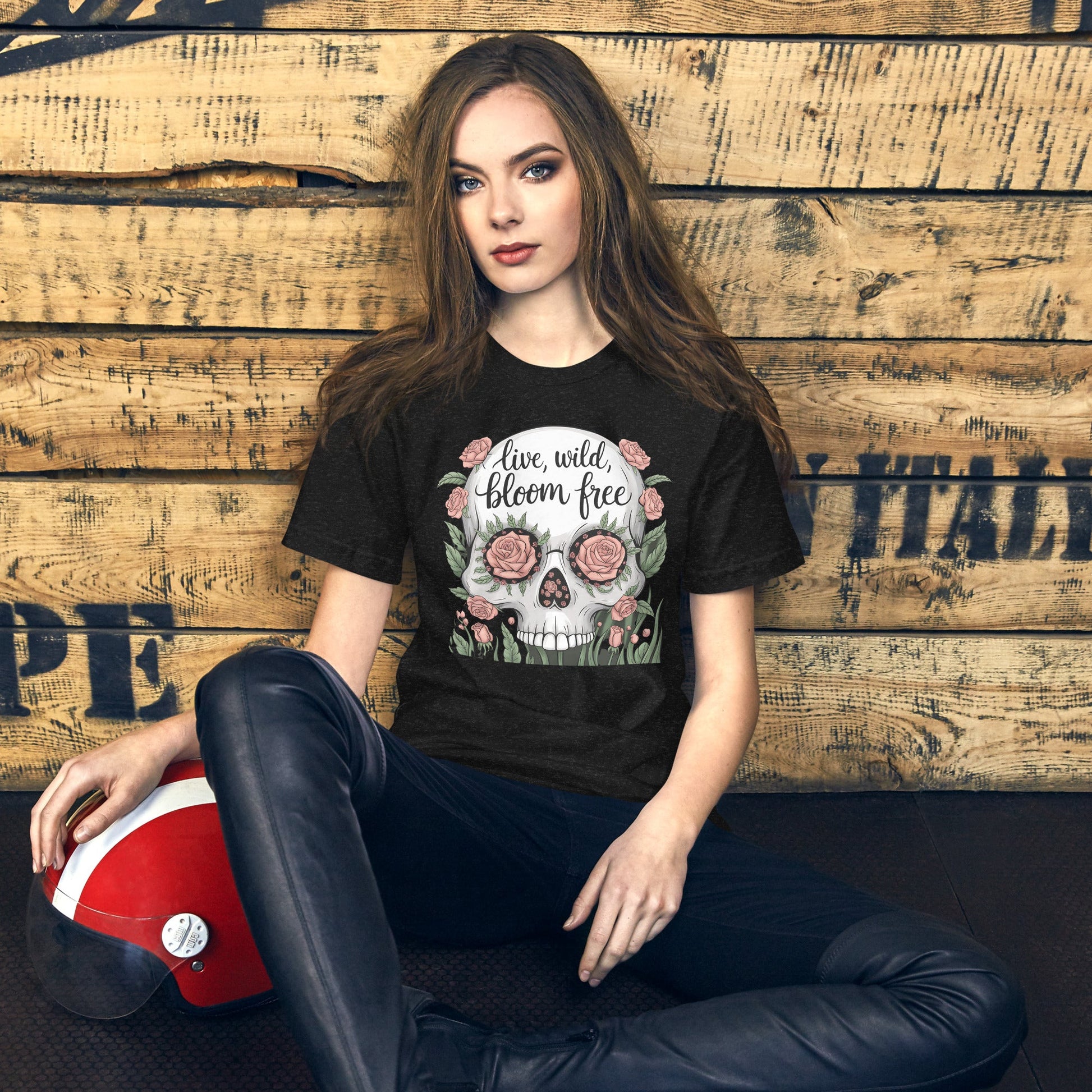 Women's T-Shirt with Skull and Roses "Live Wild, Bloom Free" Design - Soft and Lightweight - Sublimegifts4u.com