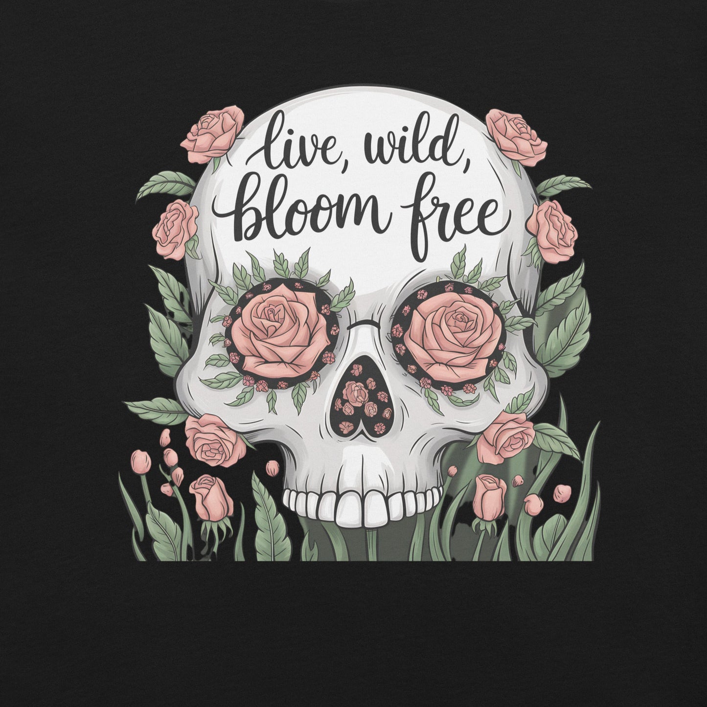 Women's T-Shirt with Skull and Roses "Live Wild, Bloom Free" Design - Soft and Lightweight - Sublimegifts4u.com