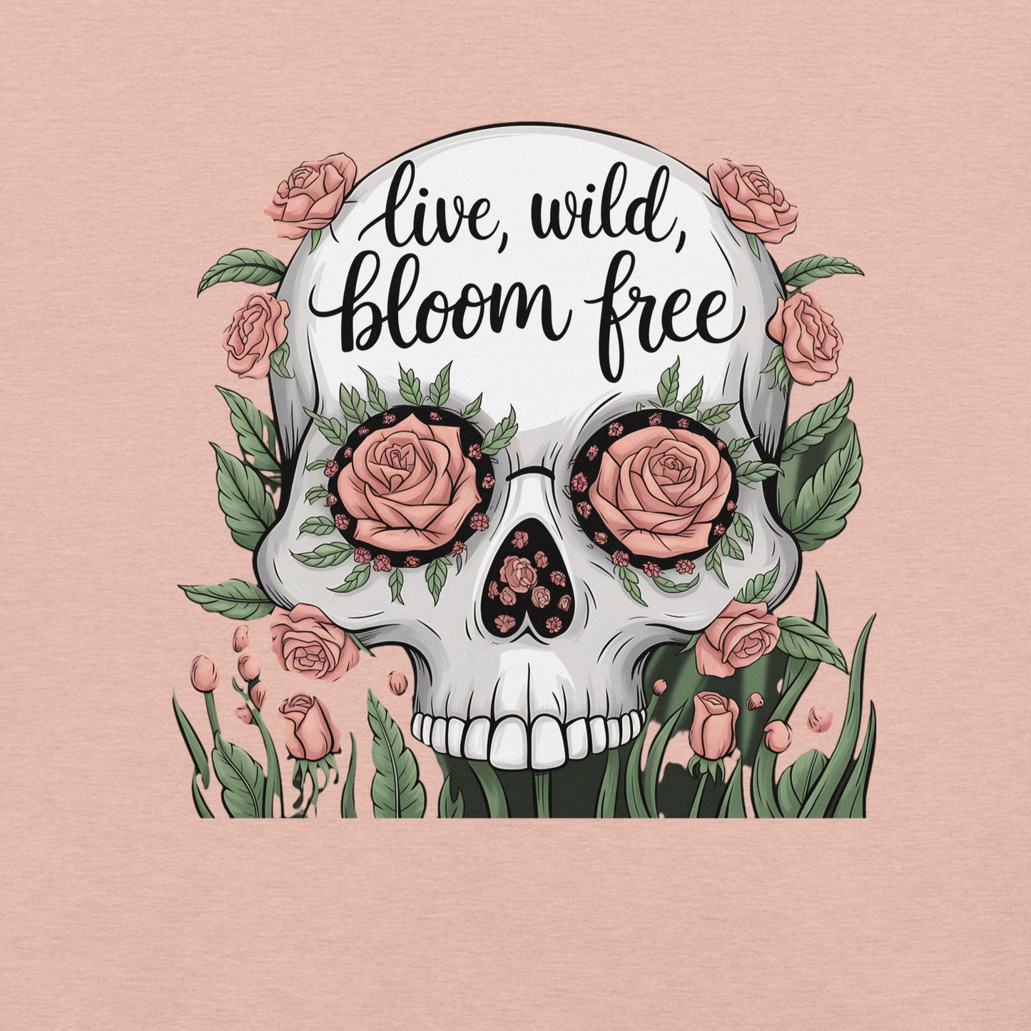 Women's T-Shirt with Skull and Roses "Live Wild, Bloom Free" Design - Soft and Lightweight - Sublimegifts4u.com