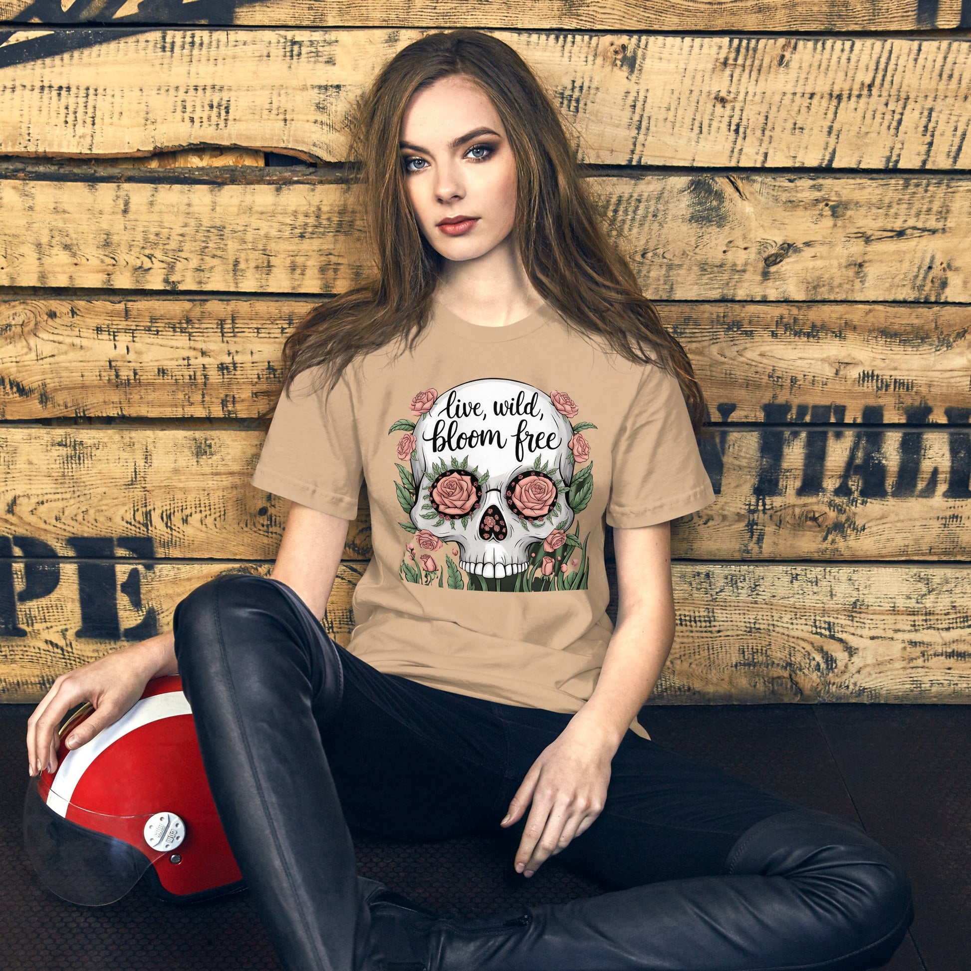 Women's T-Shirt with Skull and Roses "Live Wild, Bloom Free" Design - Soft and Lightweight - Sublimegifts4u.com