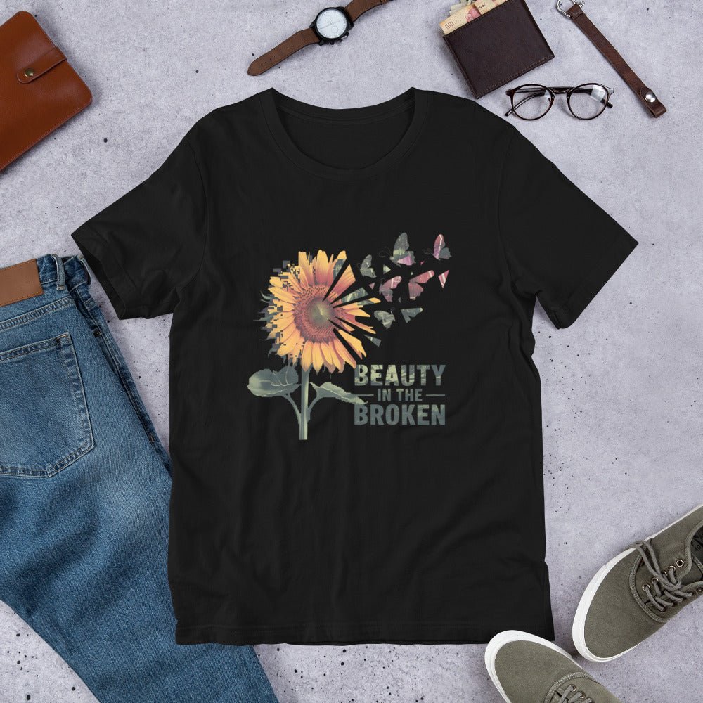 Women's T-Shirt with Sunflower & Butterflies - 'Beauty in the Broken - Sublimegifts4u.com