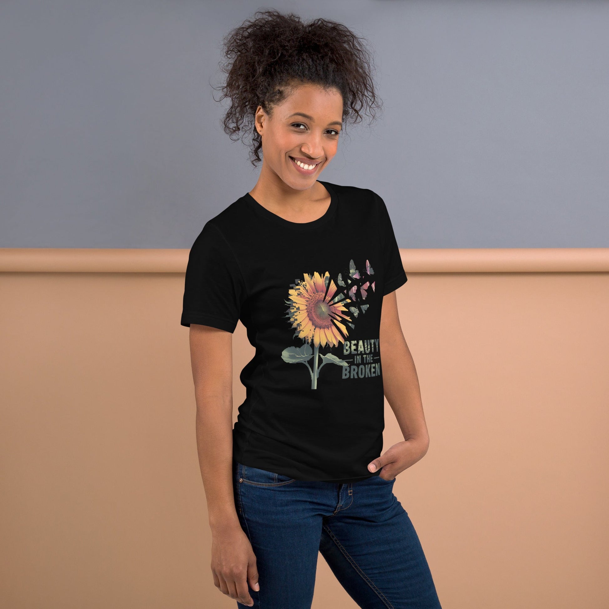 Women's T-Shirt with Sunflower & Butterflies - 'Beauty in the Broken - Sublimegifts4u.com