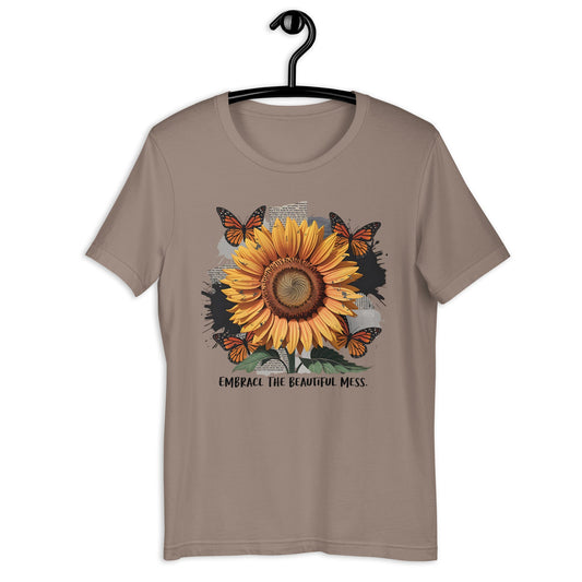 Women's T-Shirt with Sunflower & Butterflies - 'Embrace the Beautiful Mess' - Sublimegifts4u.com