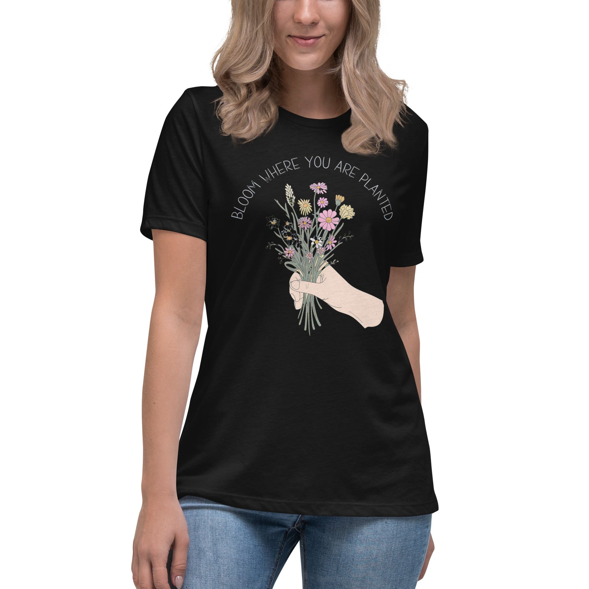 Women's T-Shirt with Wildflower Bouquet and "Bloom Where You Are Planted - Sublimegifts4u.com