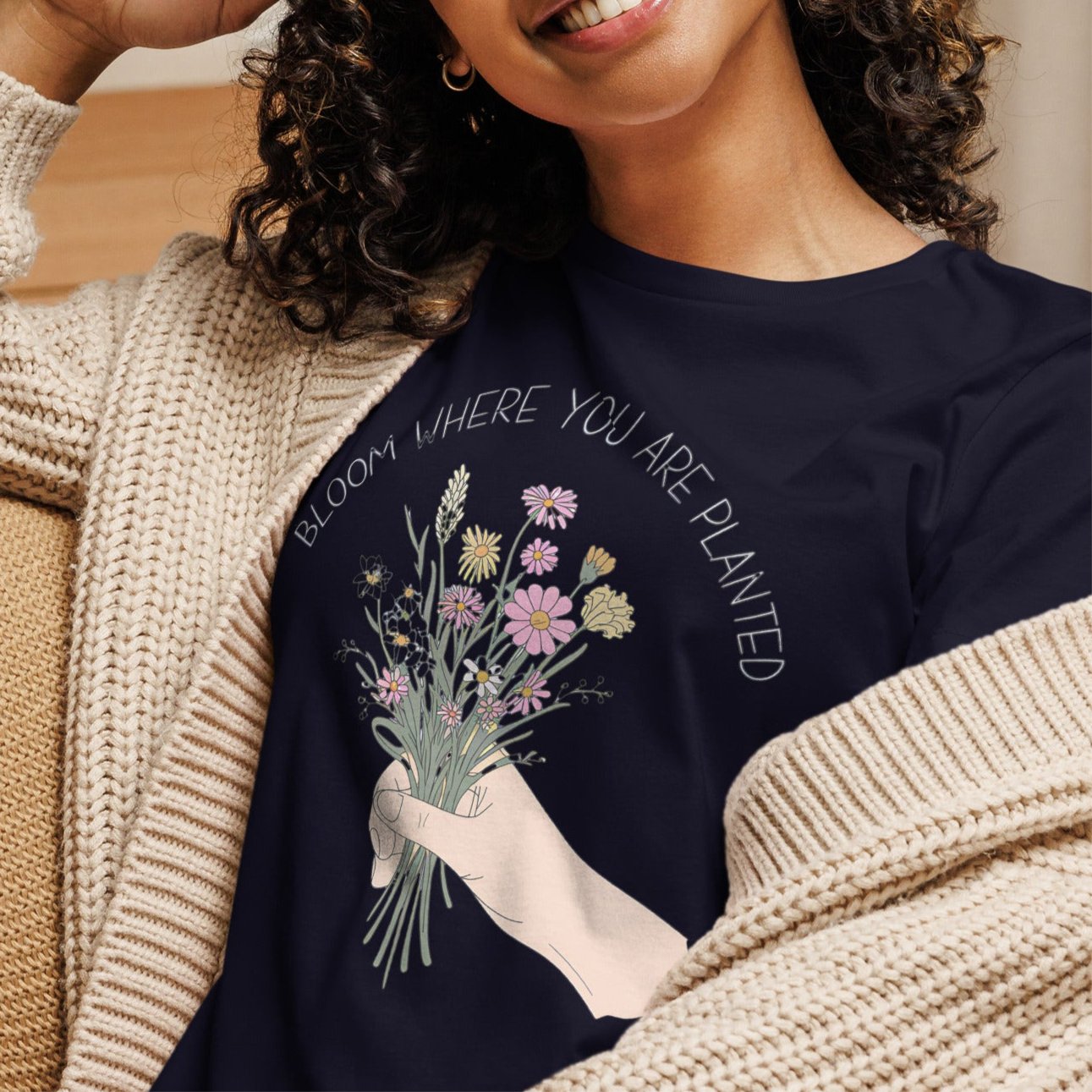 Women's T-Shirt with Wildflower Bouquet and "Bloom Where You Are Planted - Sublimegifts4u.com