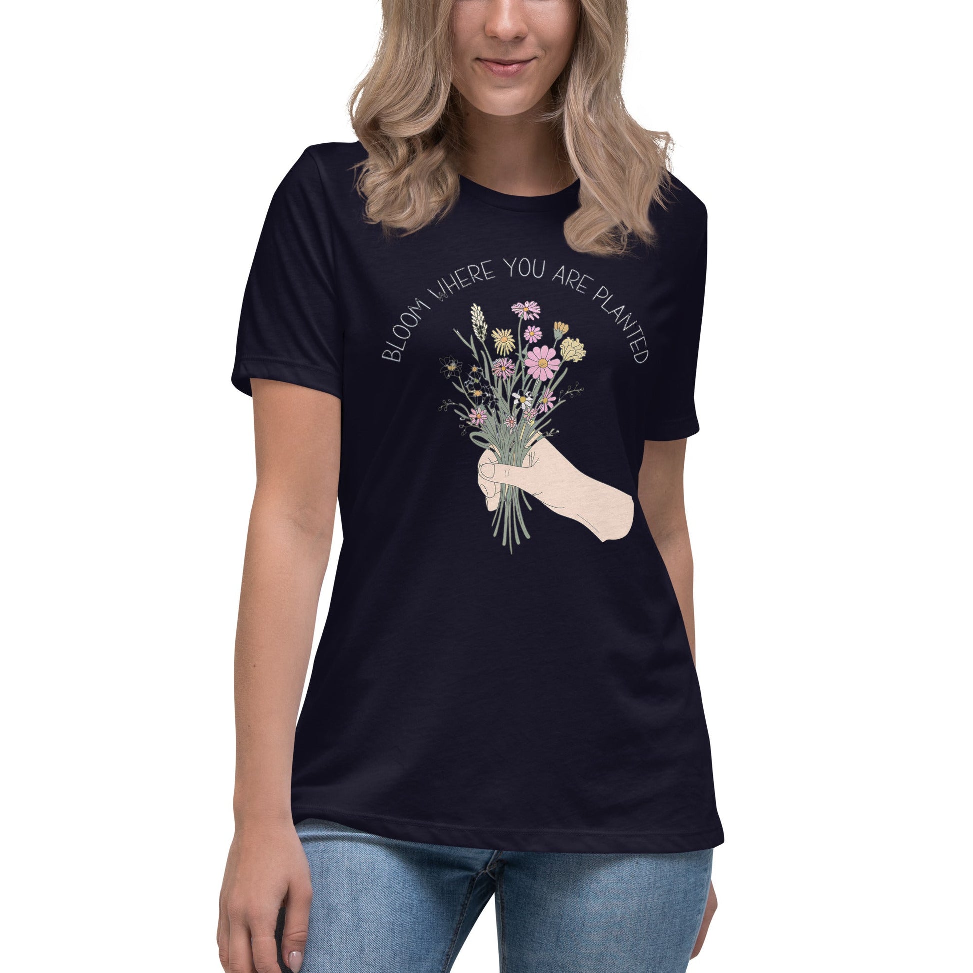 Women's T-Shirt with Wildflower Bouquet and "Bloom Where You Are Planted - Sublimegifts4u.com