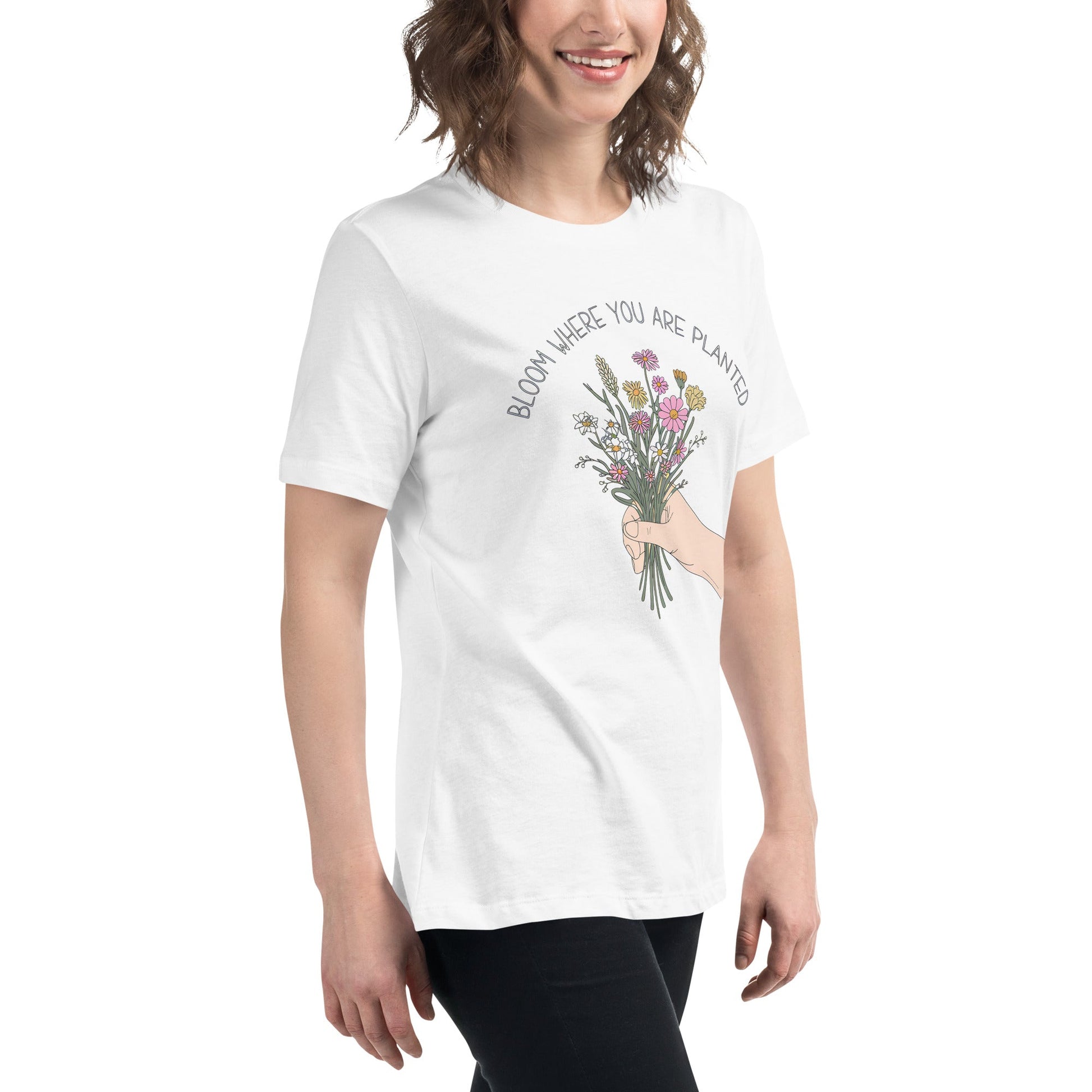 Women's T-Shirt with Wildflower Bouquet and "Bloom Where You Are Planted - Sublimegifts4u.com