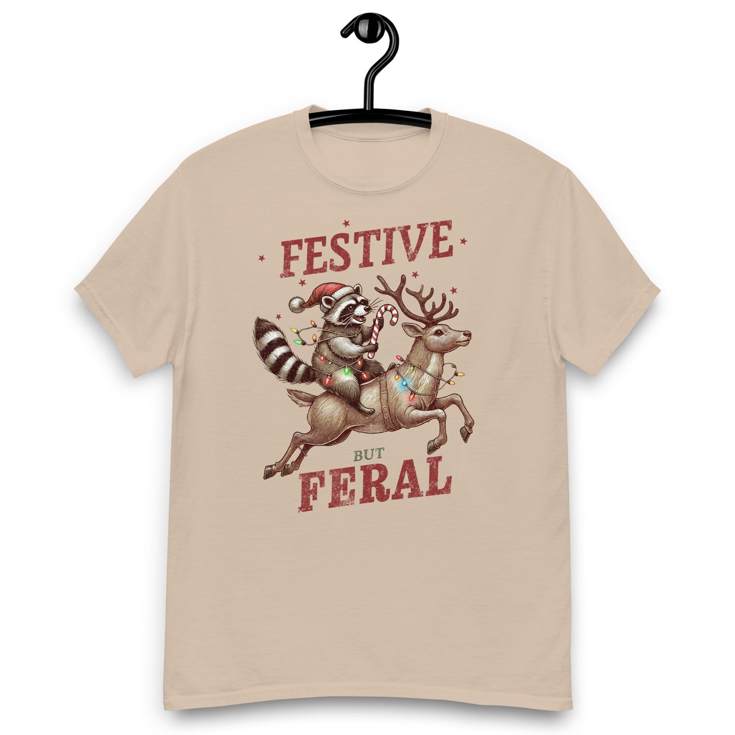 Women’s Tee | 'Festive But Feral' with Raccoon on Reindeer | Fun Holiday Shirt - Sublimegifts4u.com