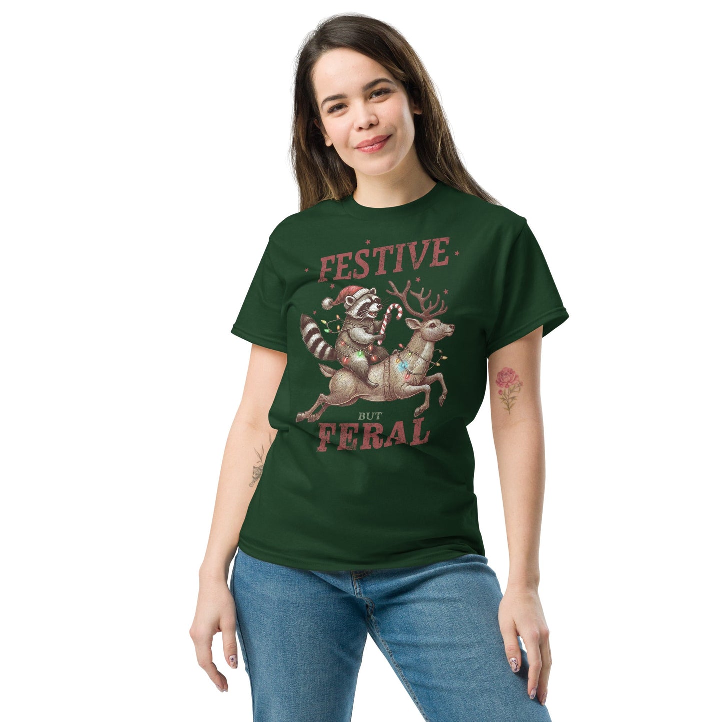 Women’s Tee | 'Festive But Feral' with Raccoon on Reindeer | Fun Holiday Shirt - Sublimegifts4u.com