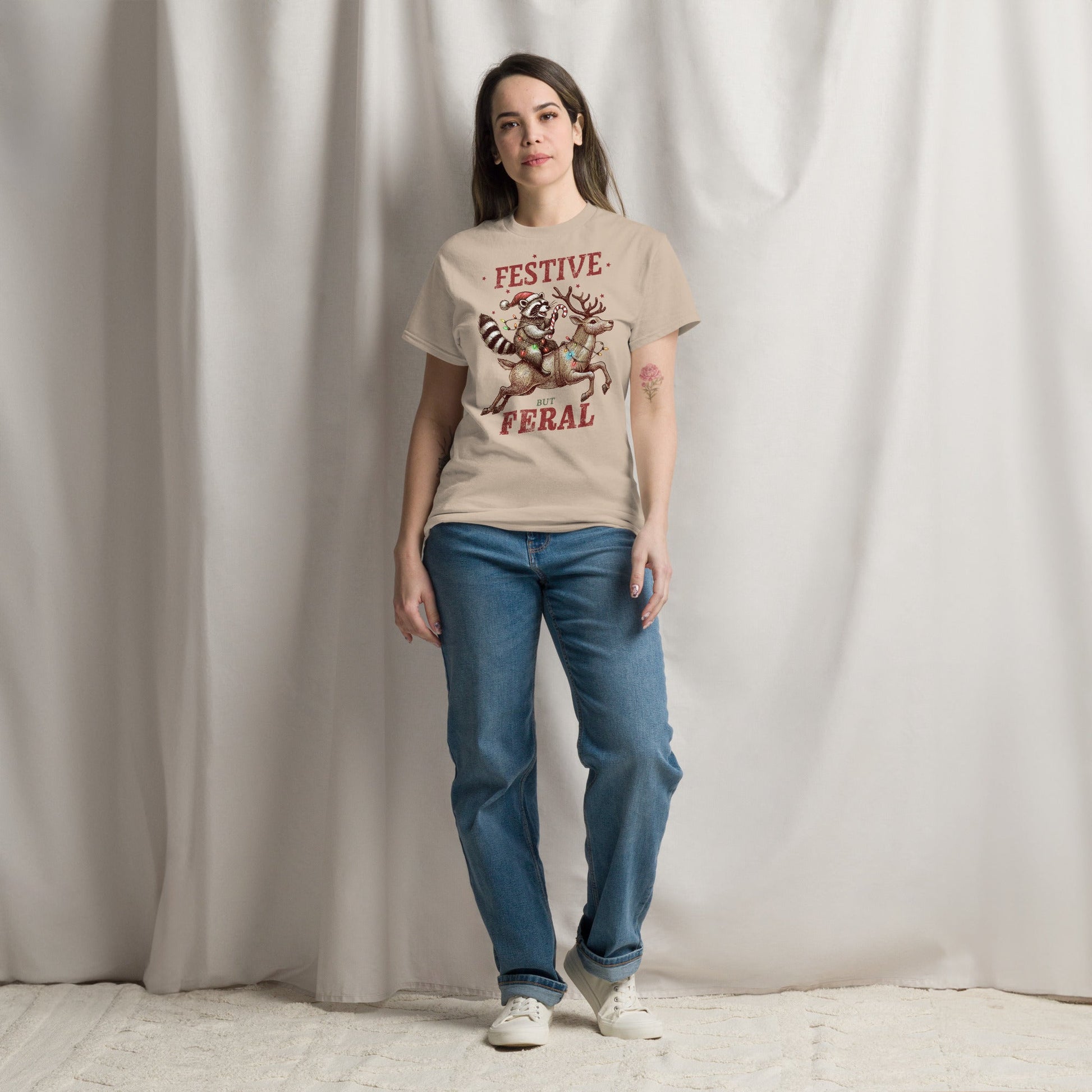 Women’s Tee | 'Festive But Feral' with Raccoon on Reindeer | Fun Holiday Shirt - Sublimegifts4u.com