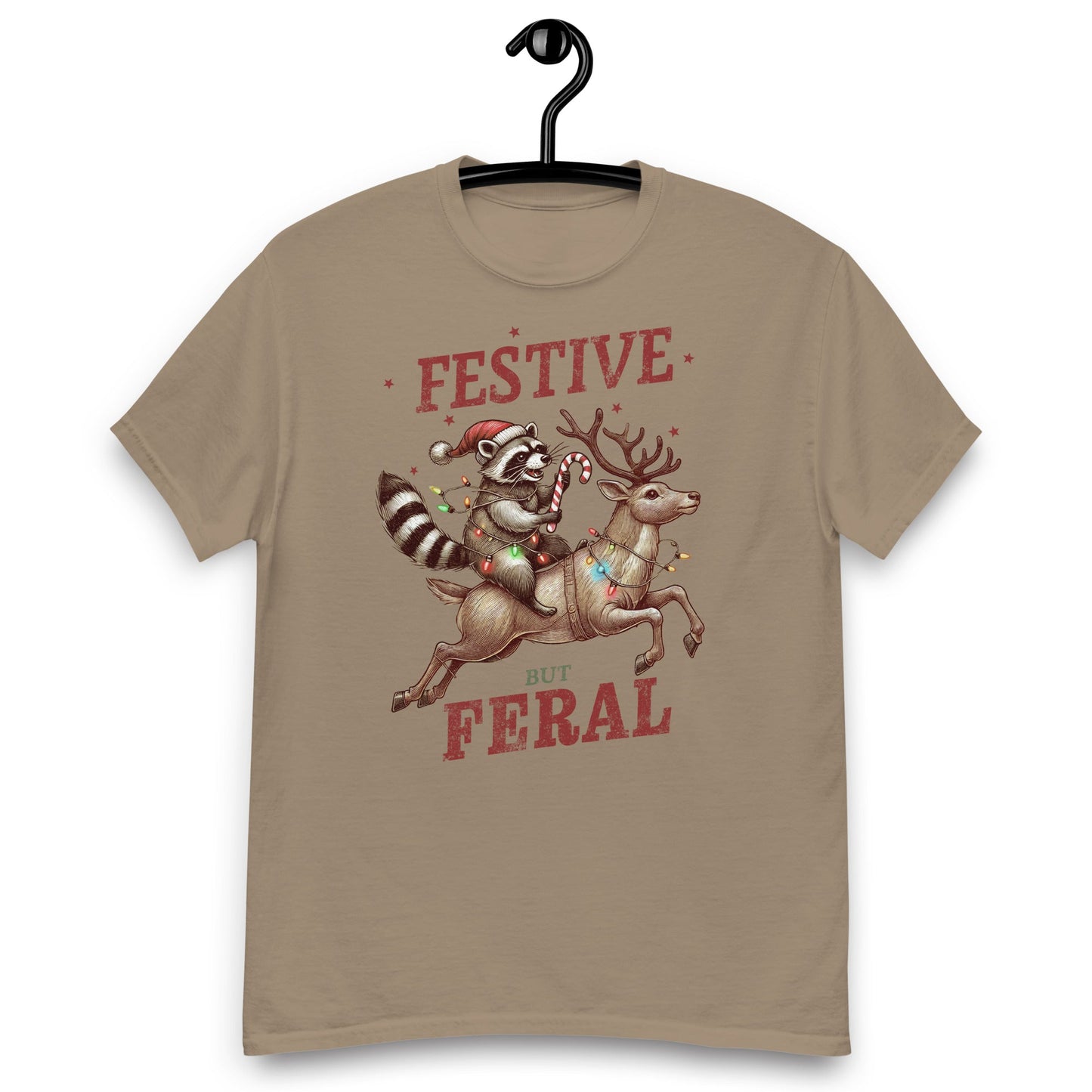 Women’s Tee | 'Festive But Feral' with Raccoon on Reindeer | Fun Holiday Shirt - Sublimegifts4u.com