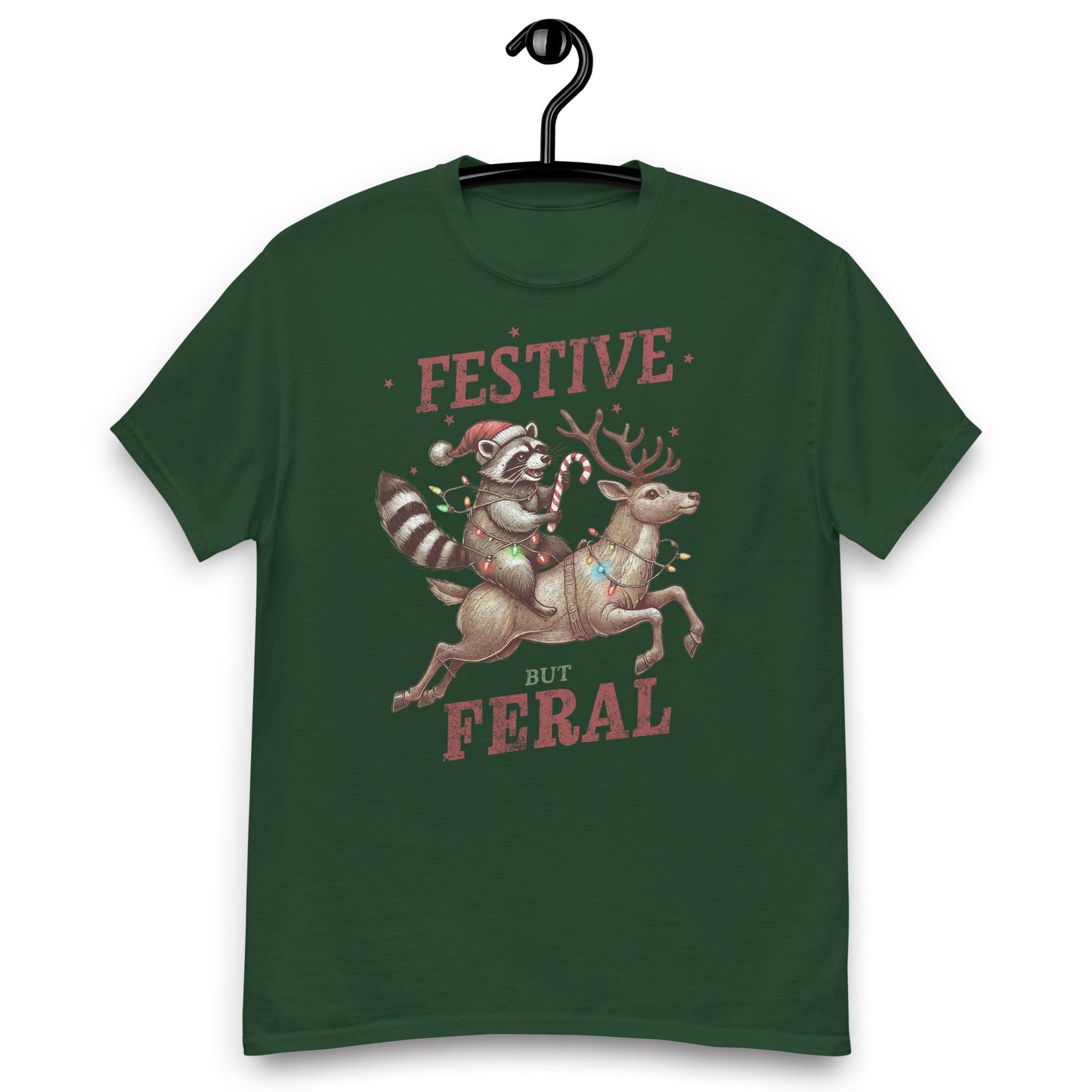 Women’s Tee | 'Festive But Feral' with Raccoon on Reindeer | Fun Holiday Shirt - Sublimegifts4u.com