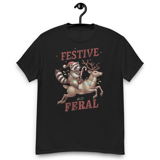 Women’s Tee | 'Festive But Feral' with Raccoon on Reindeer | Fun Holiday Shirt - Sublimegifts4u.com